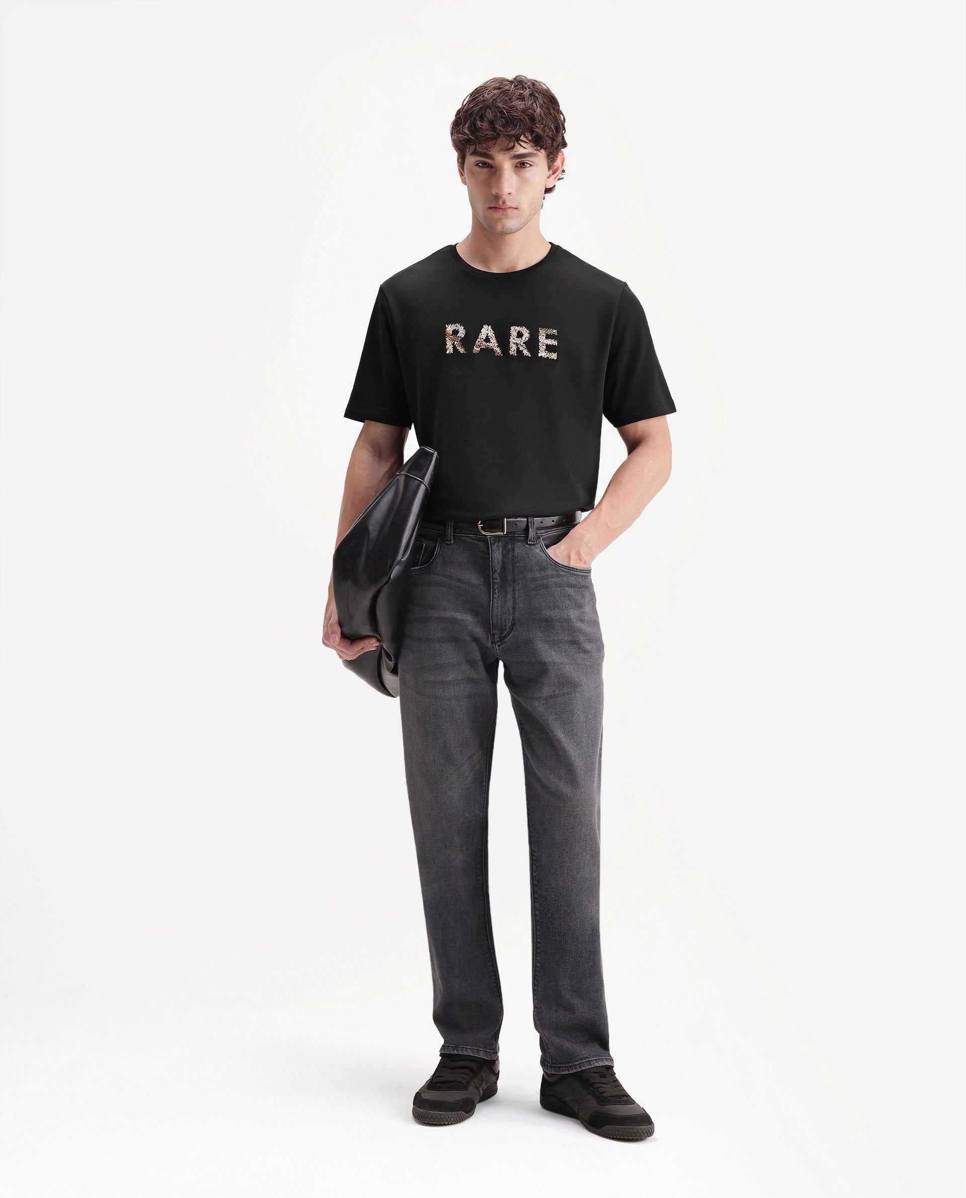 Rare Rabbit Men's Zane Primary Black Cotton Crew Neck Regular Embroidered T-Shirt