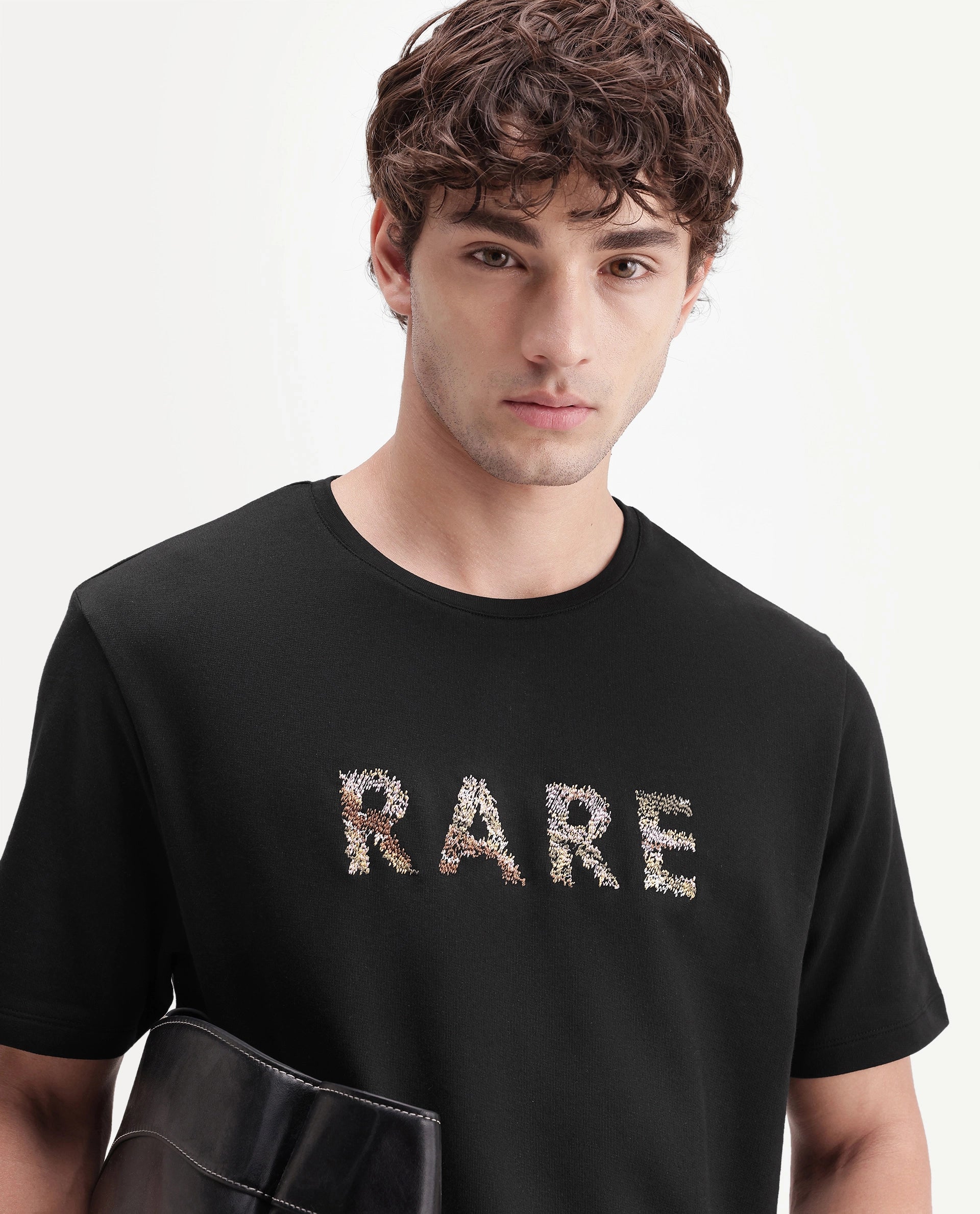 Rare Rabbit Men's Zane Primary Black Cotton Crew Neck Regular Embroidered T-Shirt