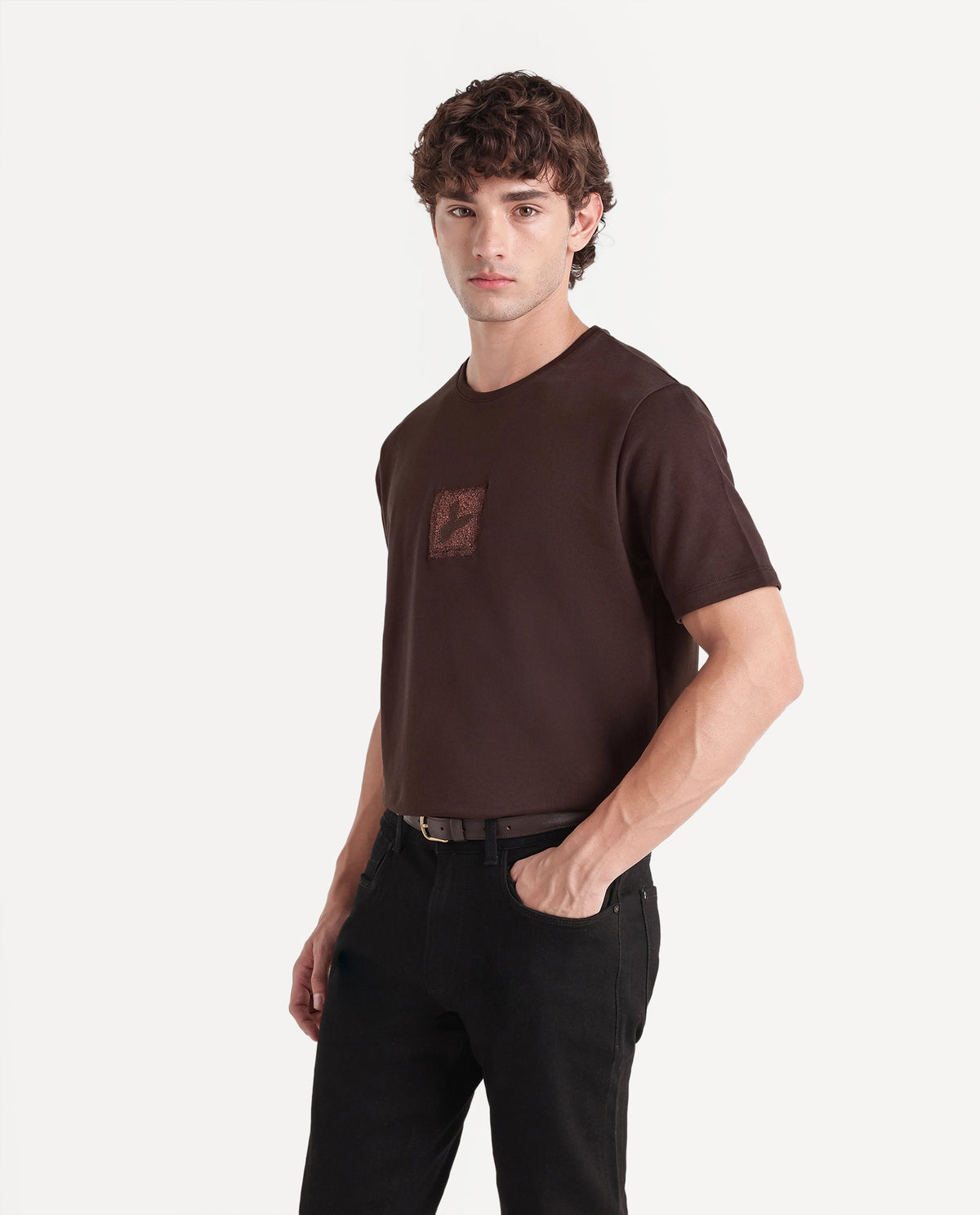 Rare Rabbit Men's Wood Dark Brown Cotton Crew Neck Regular Embroidered T-Shirt