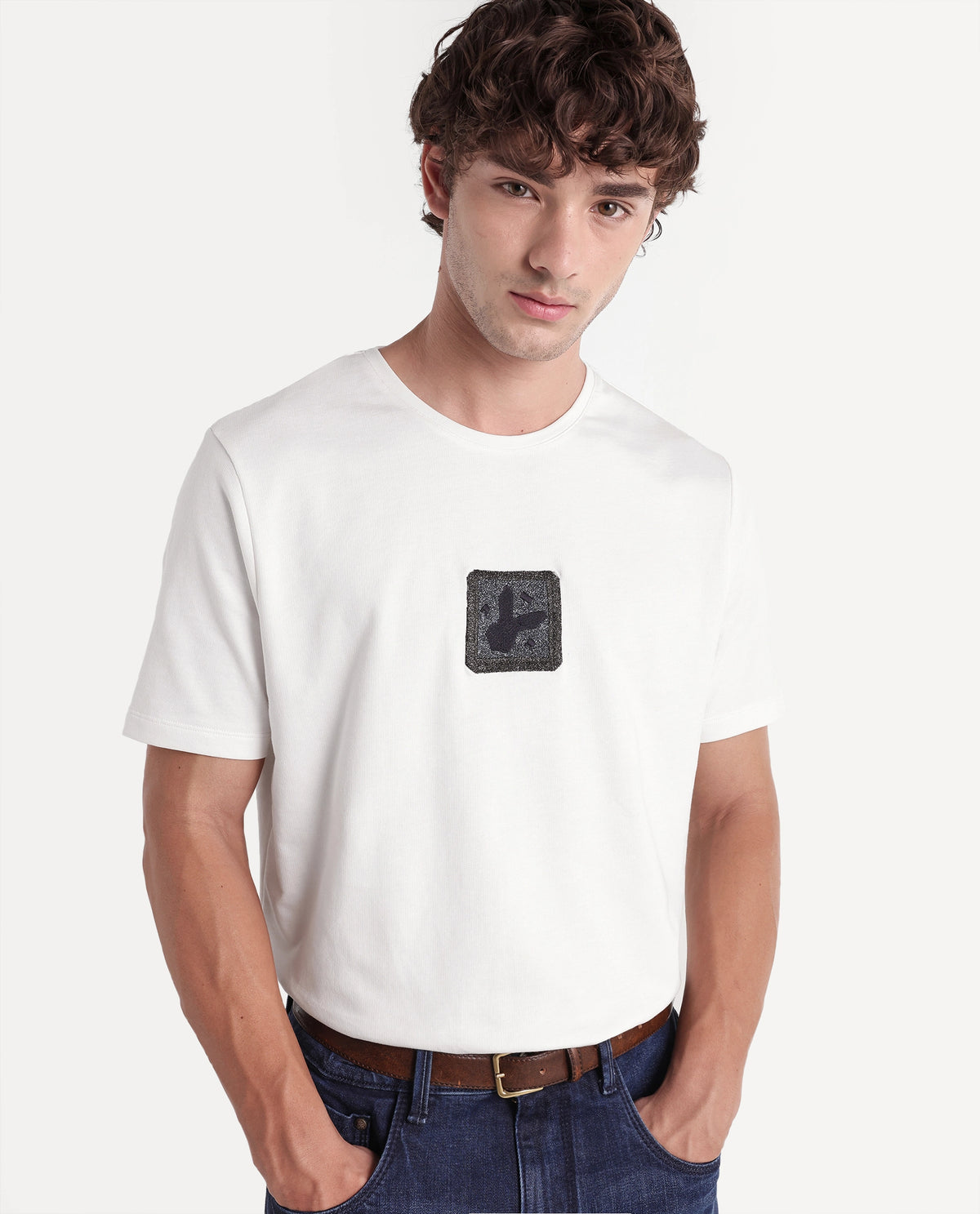 Rare Rabbit Men's Wood Primary Off White Cotton Crew Neck Regular Embroidered T-Shirt