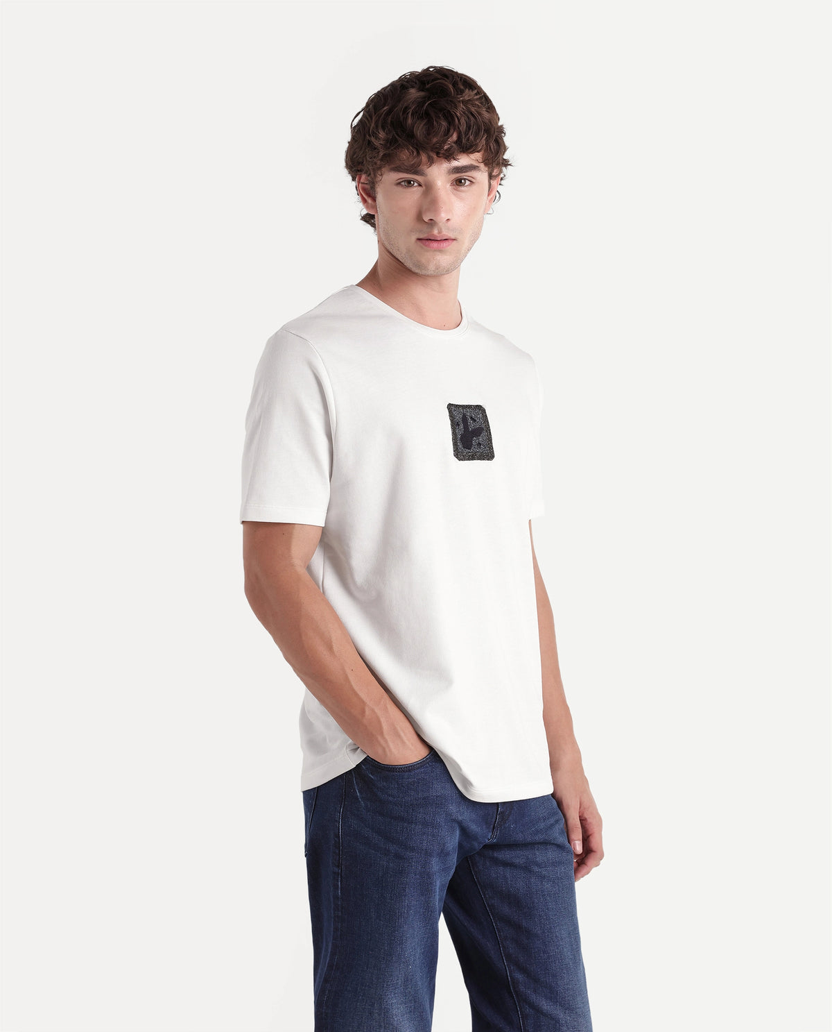 Rare Rabbit Men's Wood Primary Off White Cotton Crew Neck Regular Embroidered T-Shirt