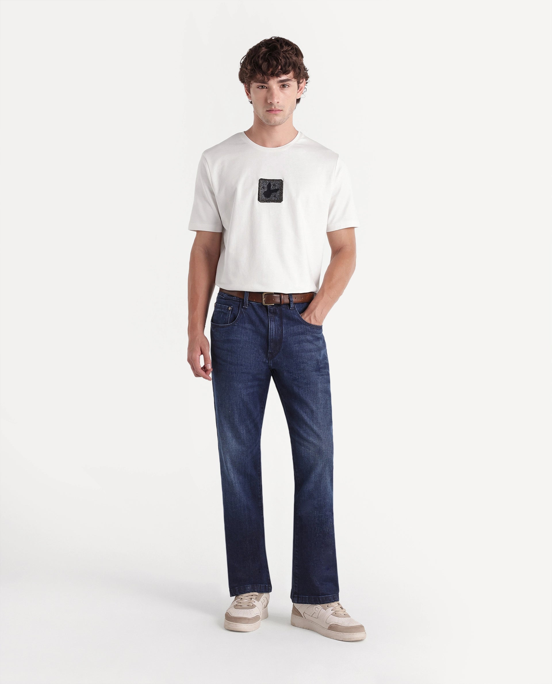 Rare Rabbit Men's Wood Primary Off White Cotton Crew Neck Regular Embroidered T-Shirt