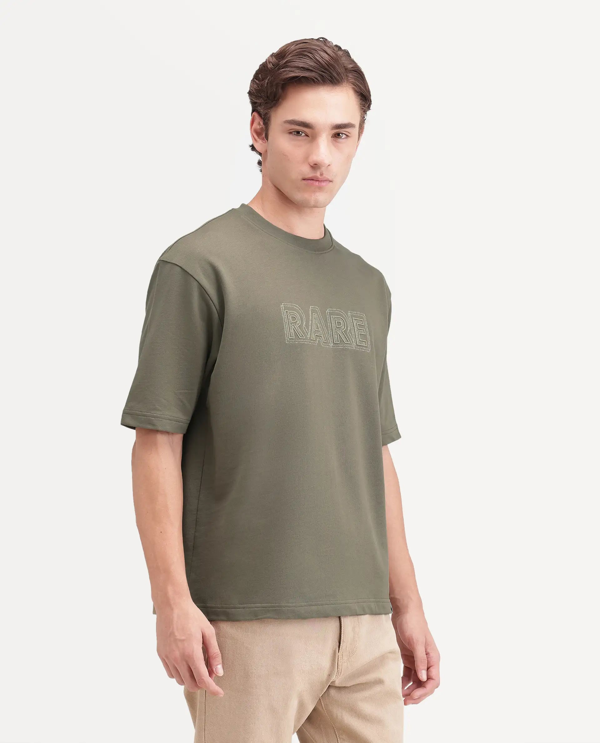Rare Rabbit Men's Joss Dusky Olive Cotton Crew Neck Regular Embroidered T-Shirt
