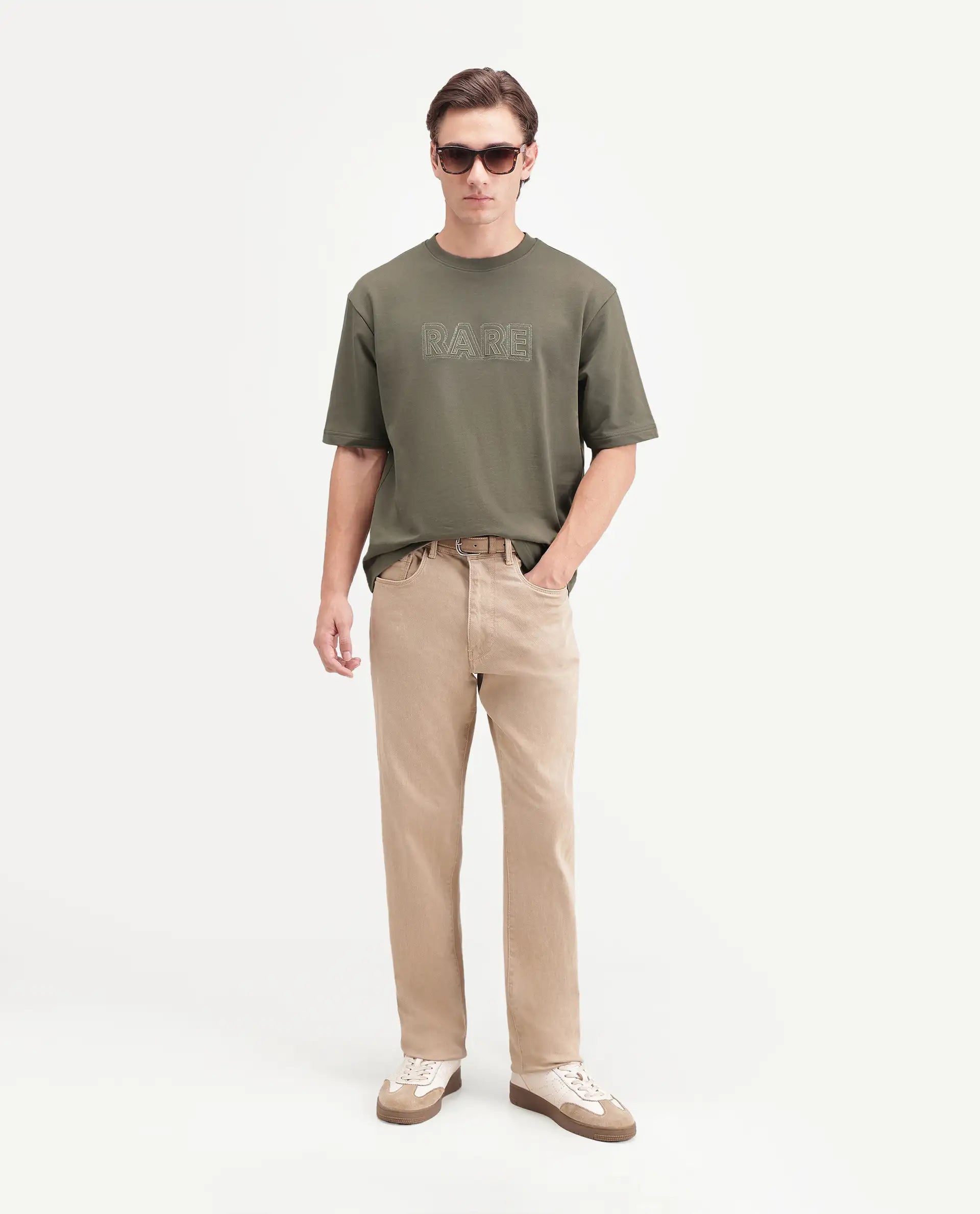 Rare Rabbit Men's Joss Dusky Olive Cotton Crew Neck Regular Embroidered T-Shirt