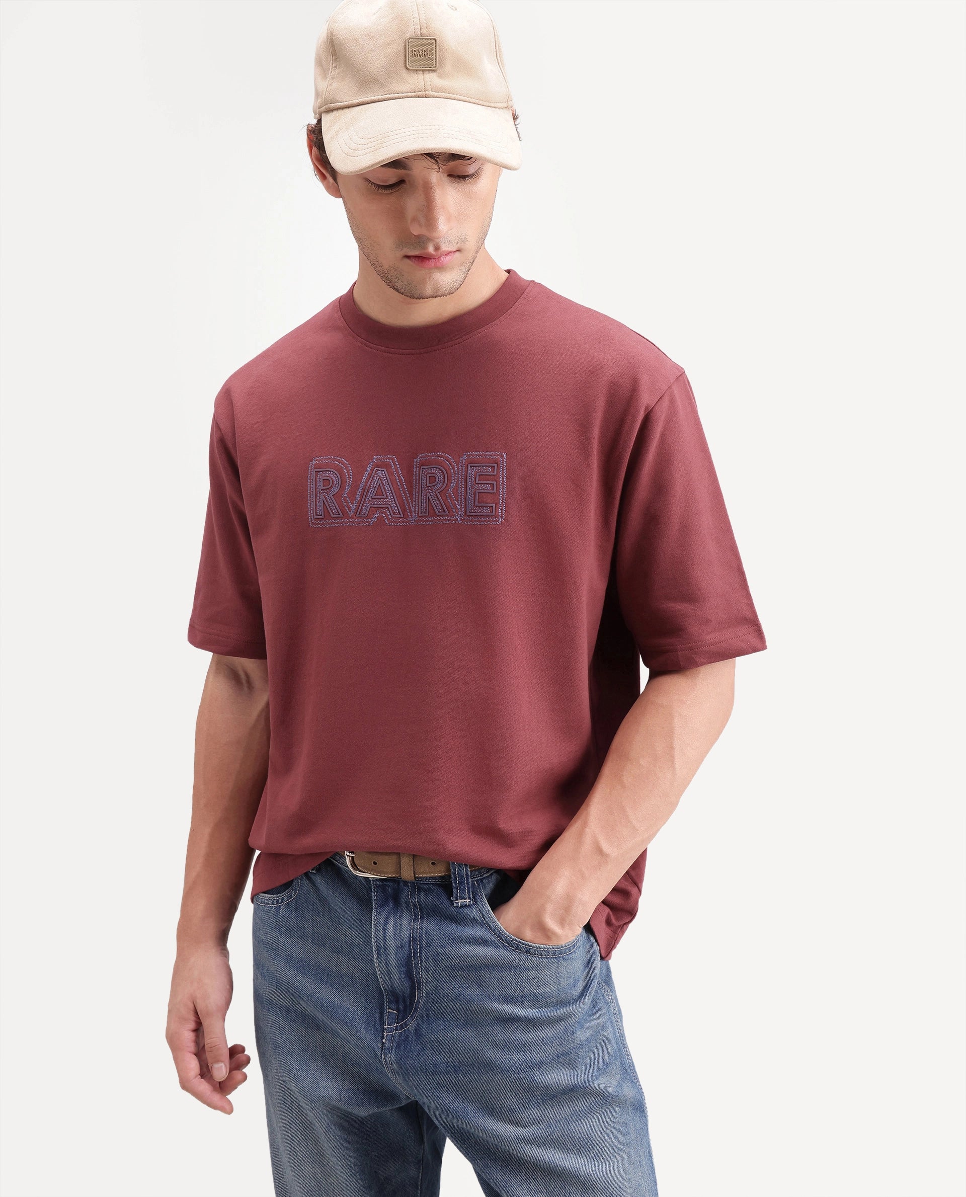 Rare Rabbit Men's Joss Dusky Red Cotton Crew Neck Regular Embroidered T-Shirt
