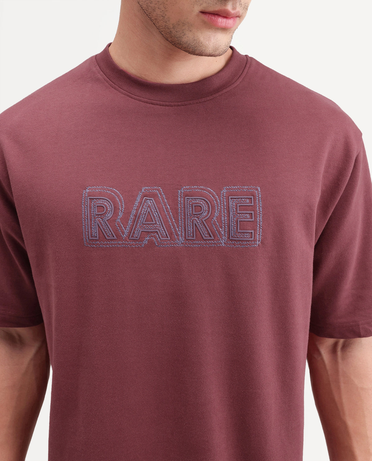 Rare Rabbit Men's Joss Dusky Red Cotton Crew Neck Regular Embroidered T-Shirt