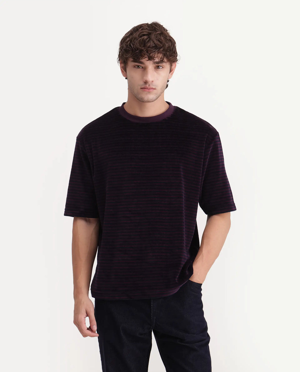 Rare Rabbit Men's Stride Dark Maroon Cotton Blend Crew Neck Relaxed Striped T-Shirt