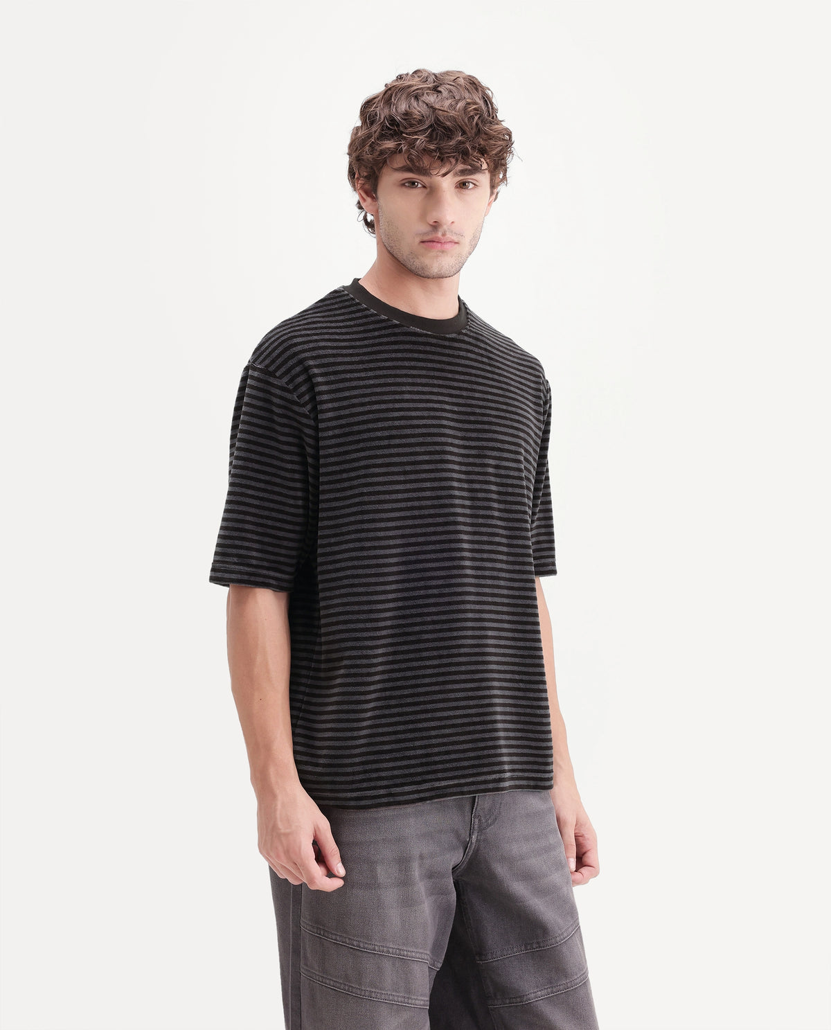 Rare Rabbit Men's Stride Dark Brown Cotton Blend Crew Neck Relaxed Striped T-Shirt