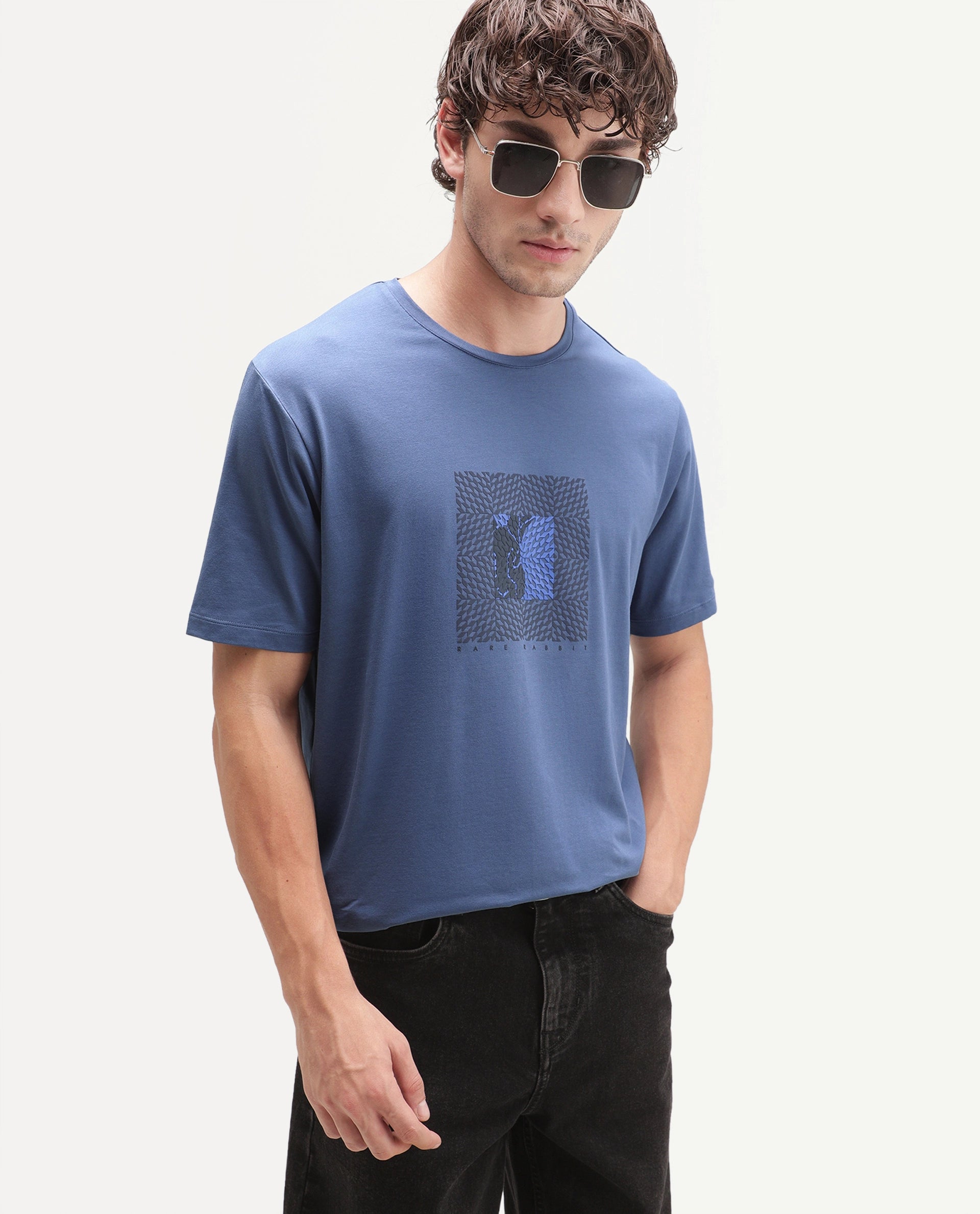 Rare Rabbit Men's Smeg Dusky Blue Cotton Blend Crew Neck Regular Graphic Print T-Shirt
