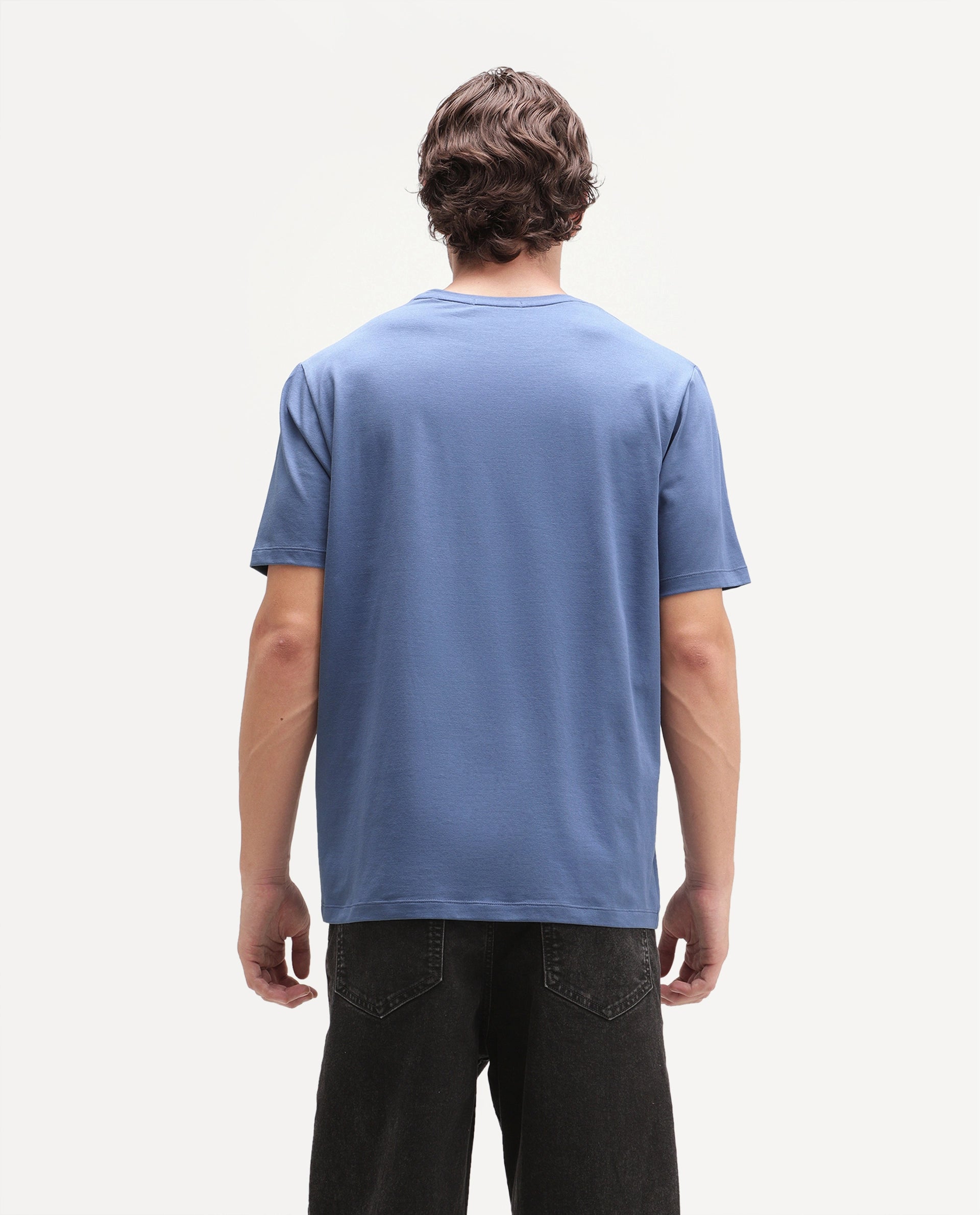 Rare Rabbit Men's Smeg Dusky Blue Cotton Blend Crew Neck Regular Graphic Print T-Shirt