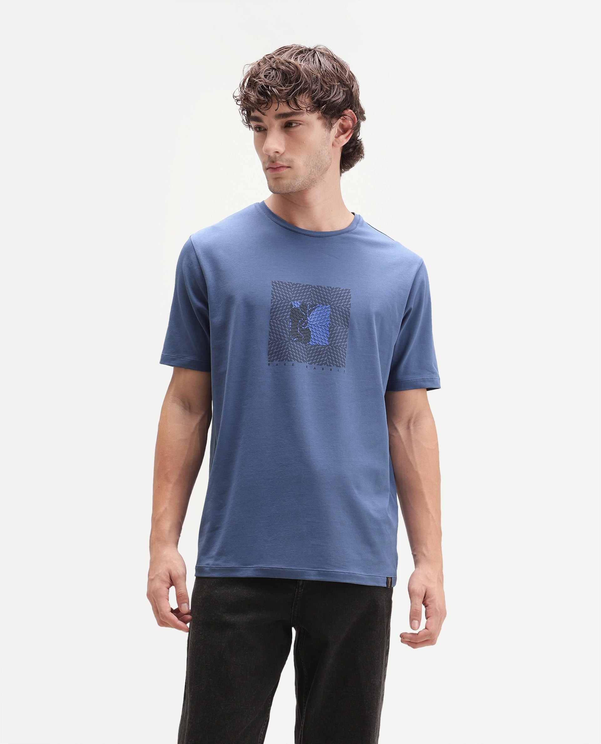 Rare Rabbit Men's Smeg Dusky Blue Cotton Blend Crew Neck Regular Graphic Print T-Shirt