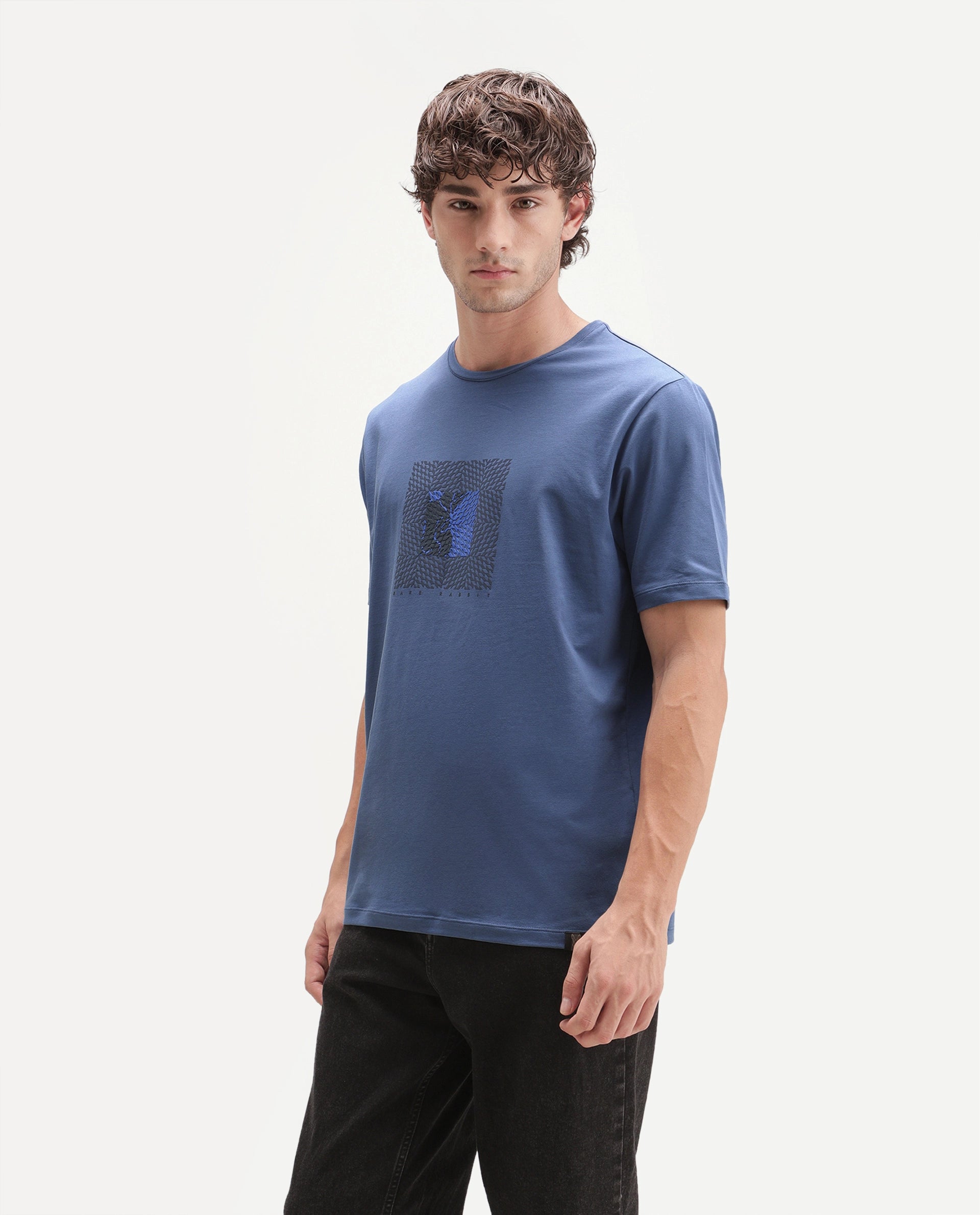 Rare Rabbit Men's Smeg Dusky Blue Cotton Blend Crew Neck Regular Graphic Print T-Shirt
