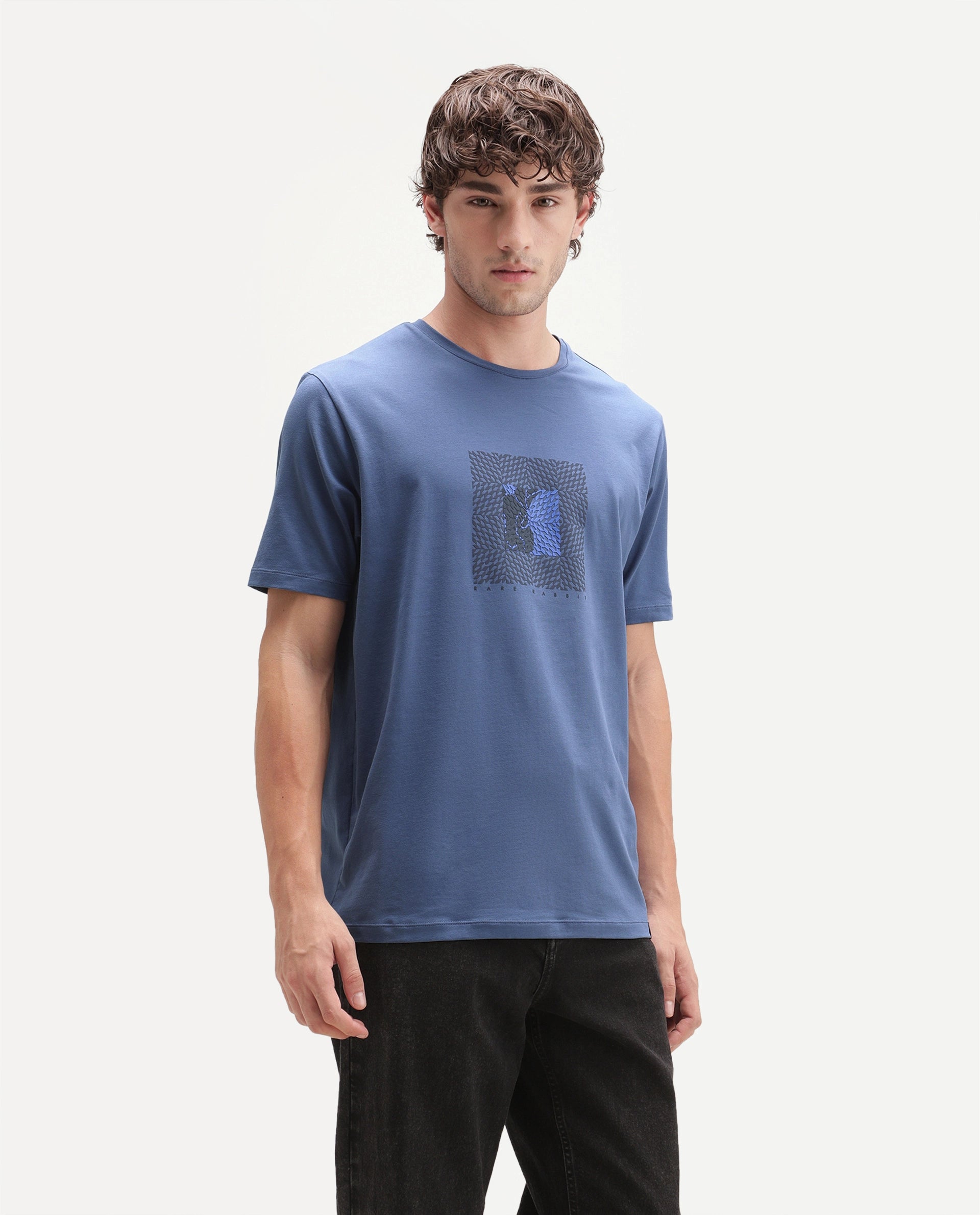 Rare Rabbit Men's Smeg Dusky Blue Cotton Blend Crew Neck Regular Graphic Print T-Shirt