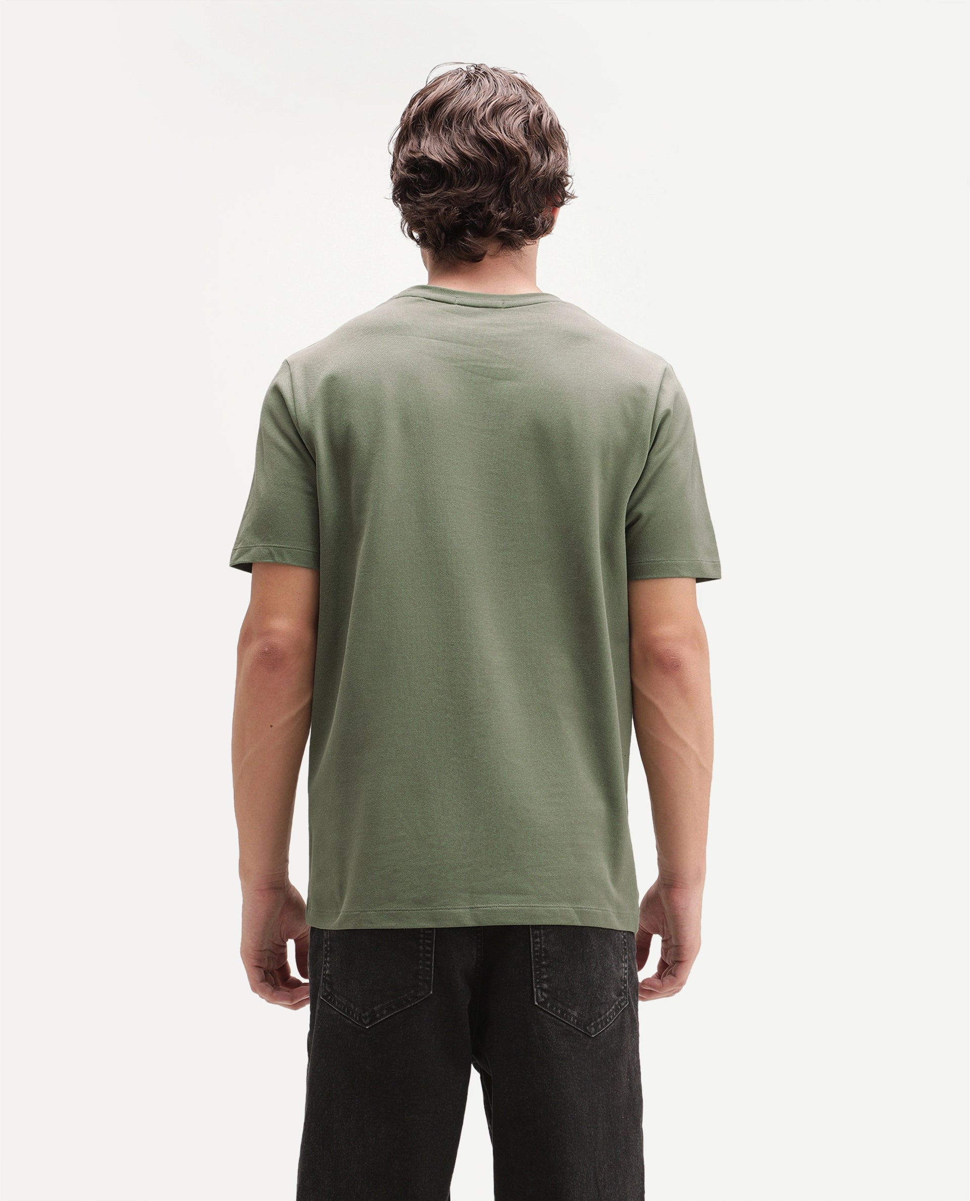 Rare Rabbit Men's Peeq Dusky Green Cotton Blend Crew Neck Regular Plain T-Shirt