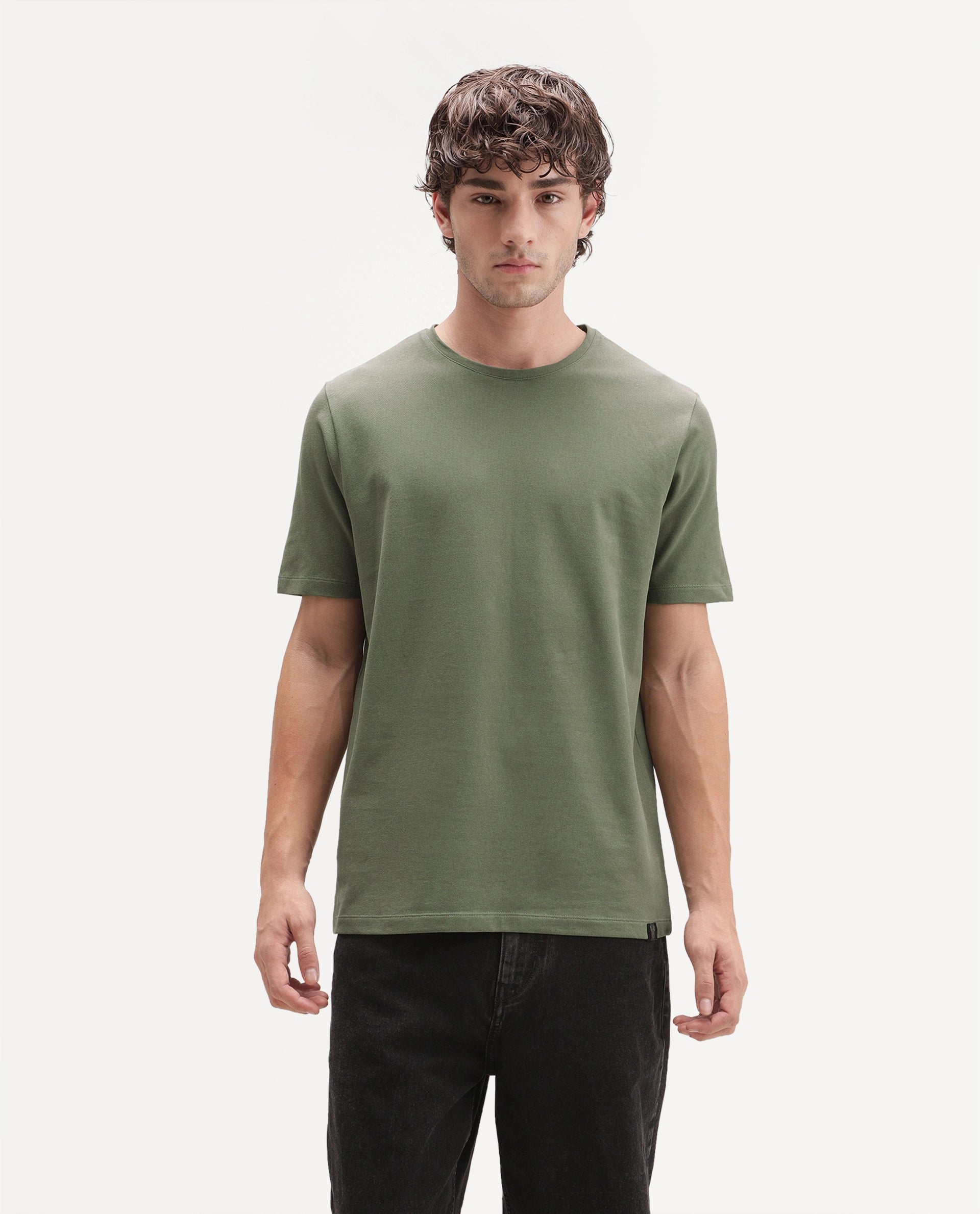 Rare Rabbit Men's Peeq Dusky Green Cotton Blend Crew Neck Regular Plain T-Shirt