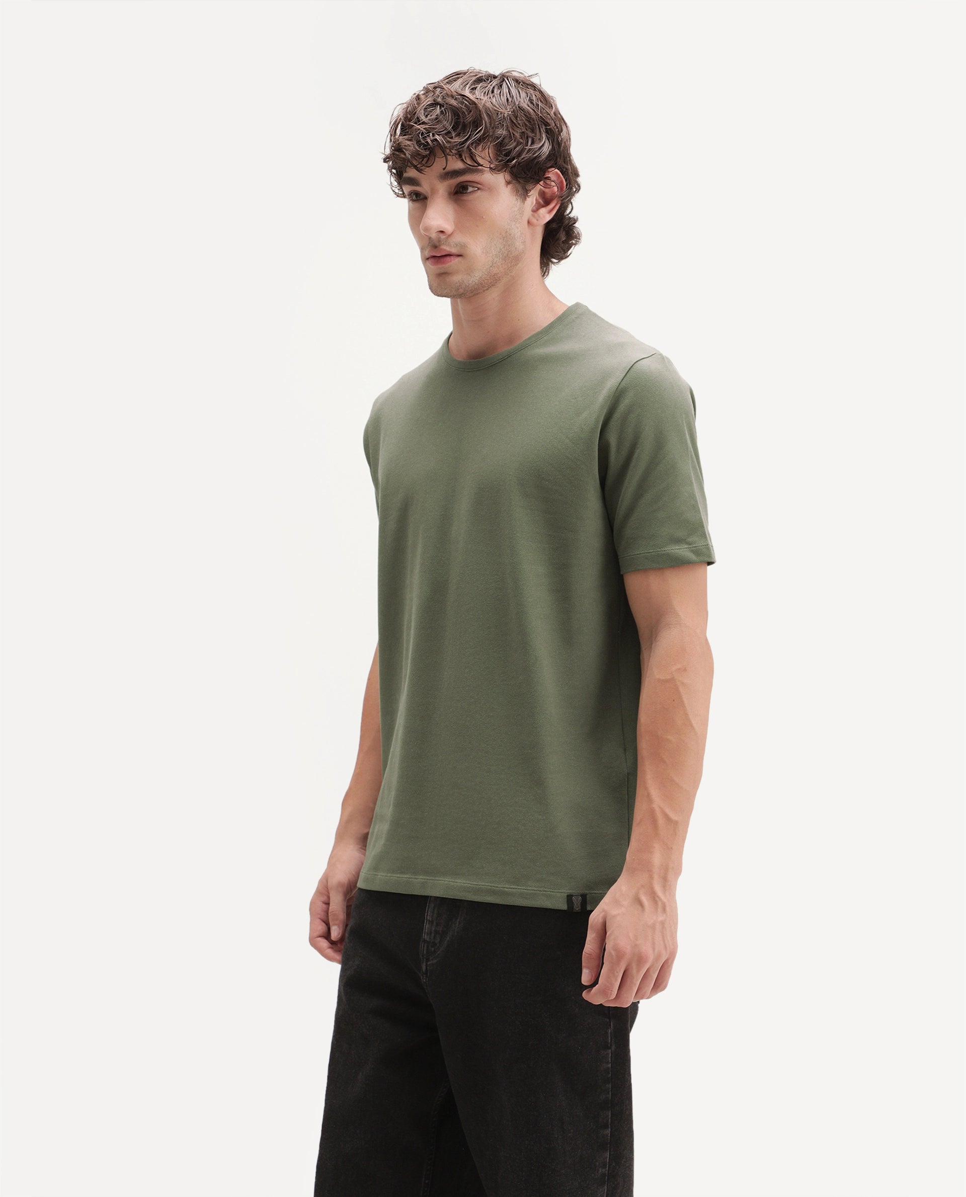 Rare Rabbit Men's Peeq Dusky Green Cotton Blend Crew Neck Regular Plain T-Shirt
