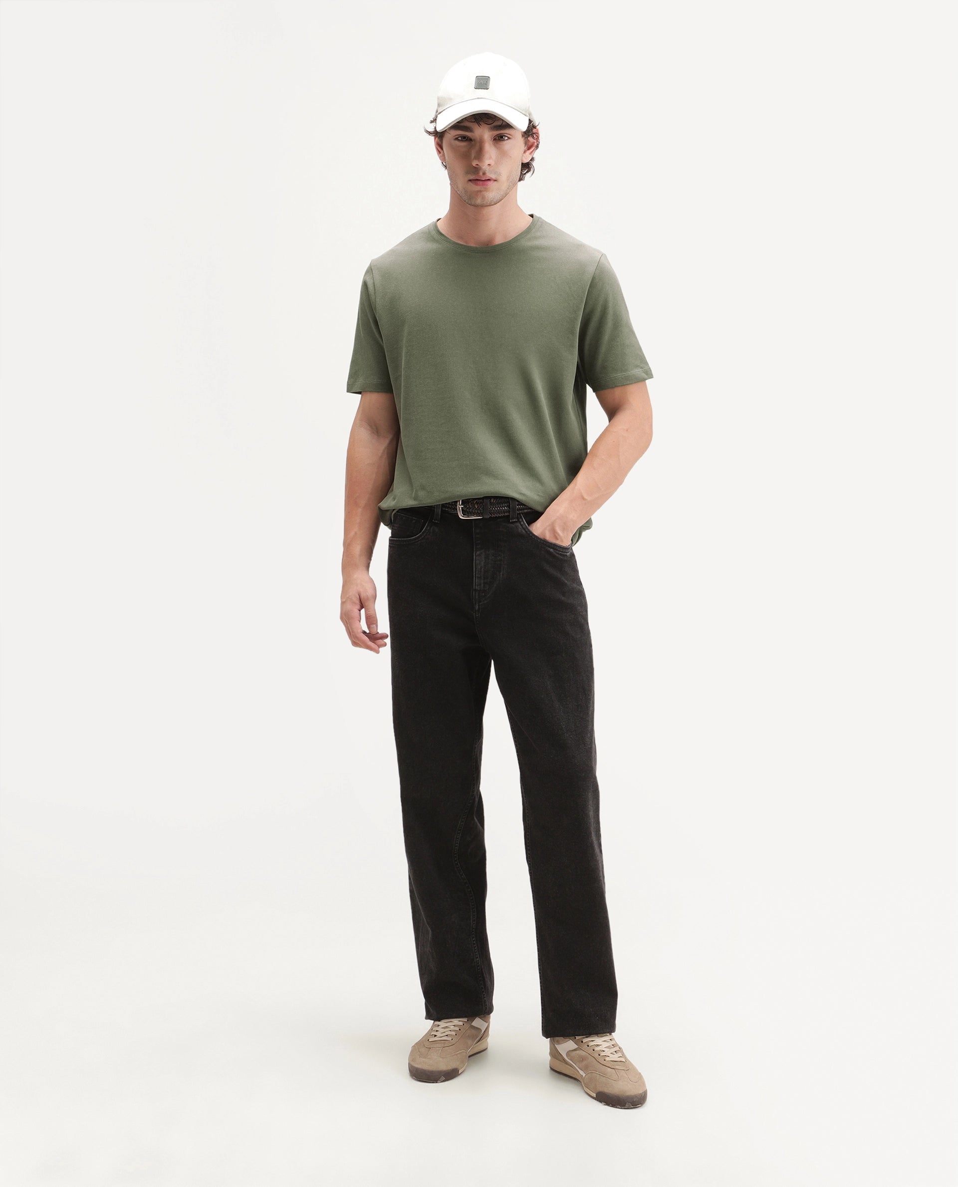 Rare Rabbit Men's Peeq Dusky Green Cotton Blend Crew Neck Regular Plain T-Shirt
