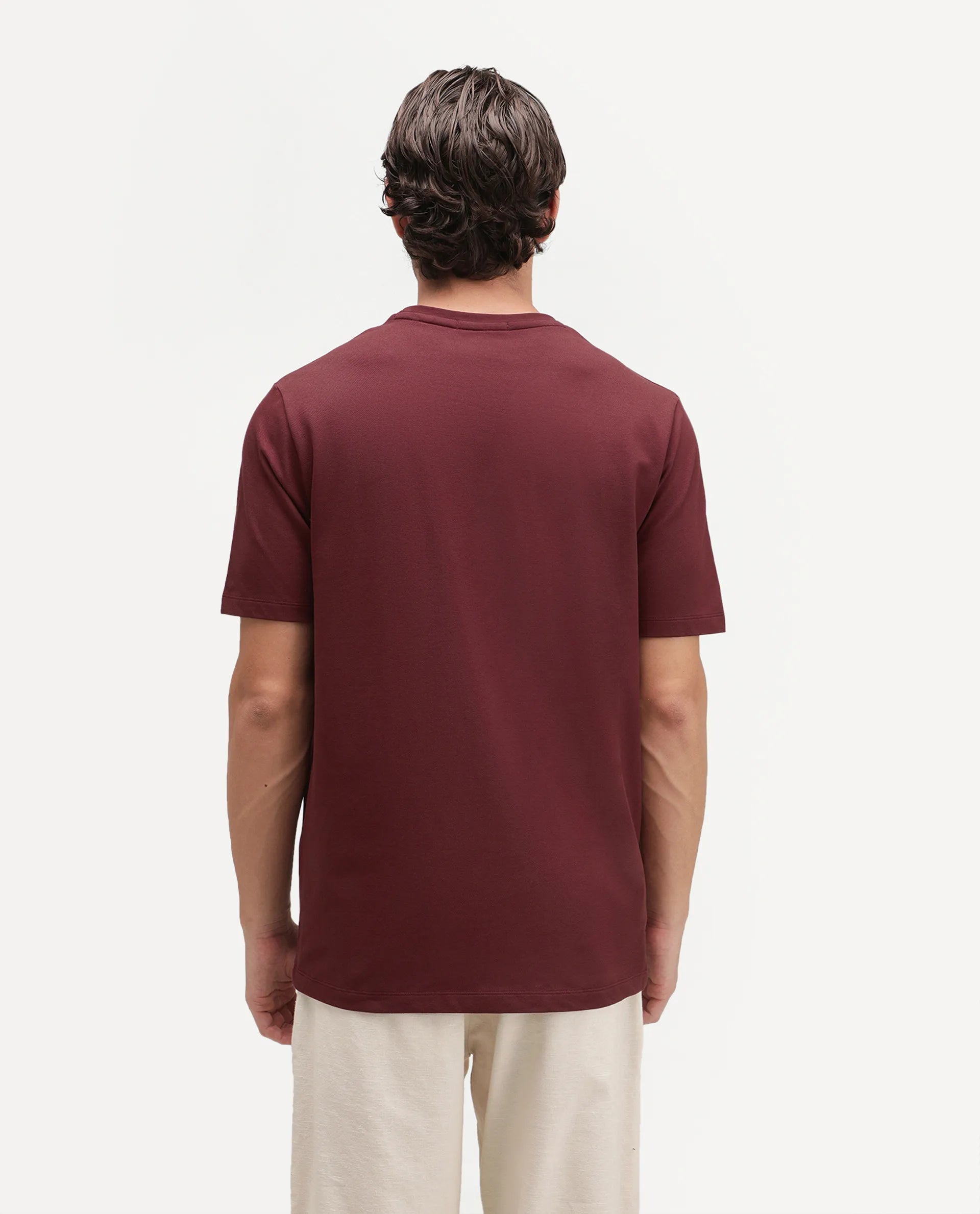 Rare Rabbit Men's Peeq Dark Red Cotton Blend Crew Neck Regular Plain T-Shirt