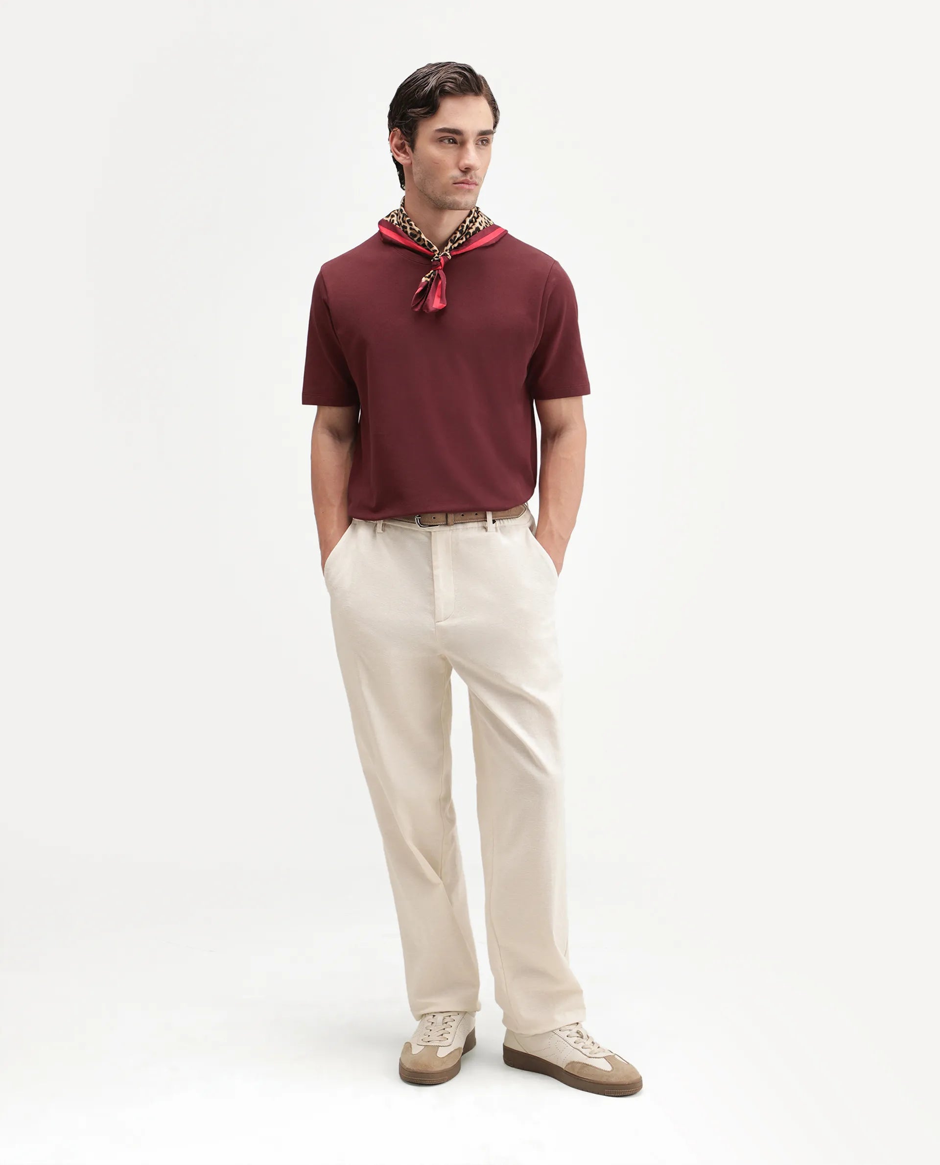 Rare Rabbit Men's Peeq Dark Red Cotton Blend Crew Neck Regular Plain T-Shirt
