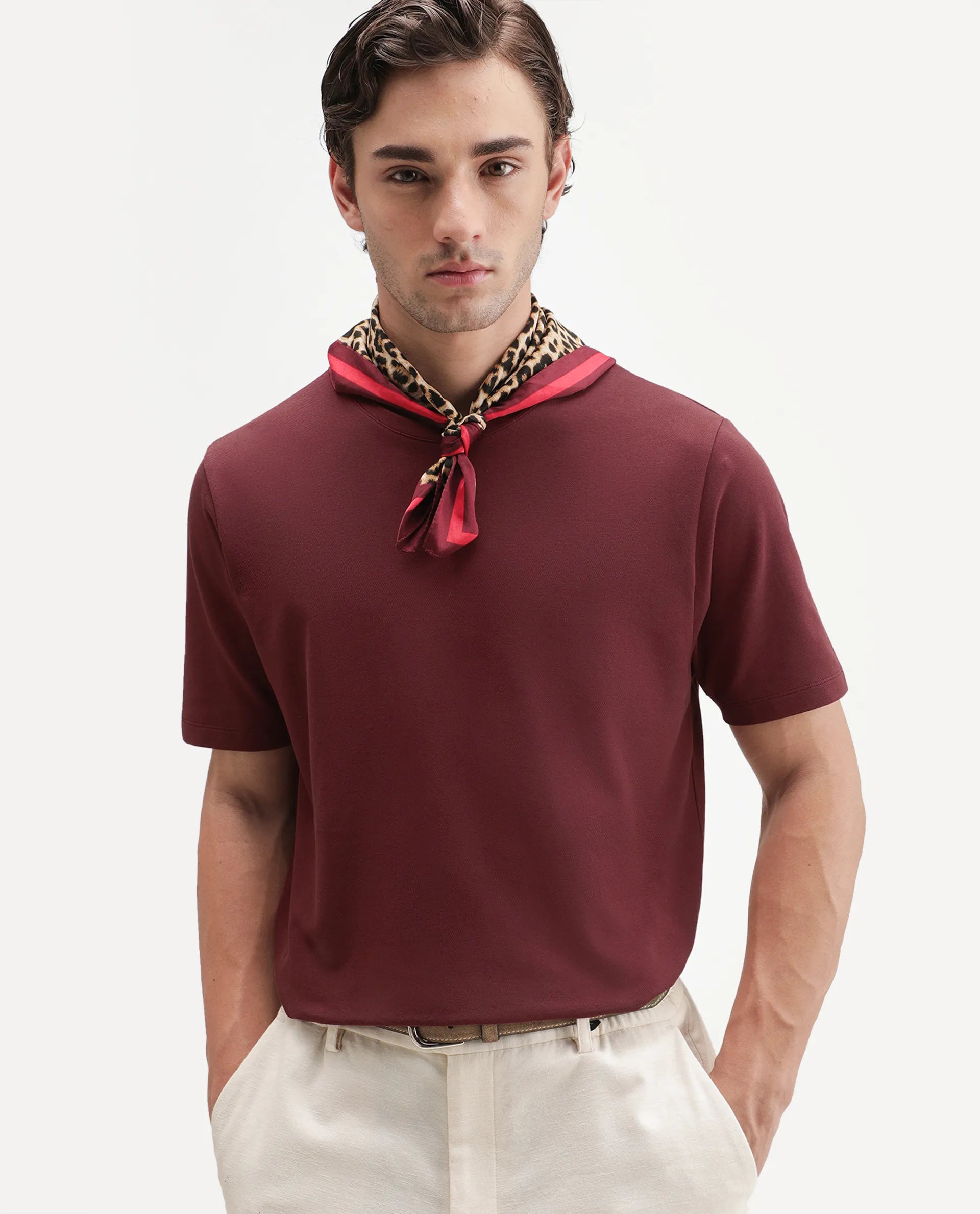 Rare Rabbit Men's Peeq Dark Red Cotton Blend Crew Neck Regular Plain T-Shirt