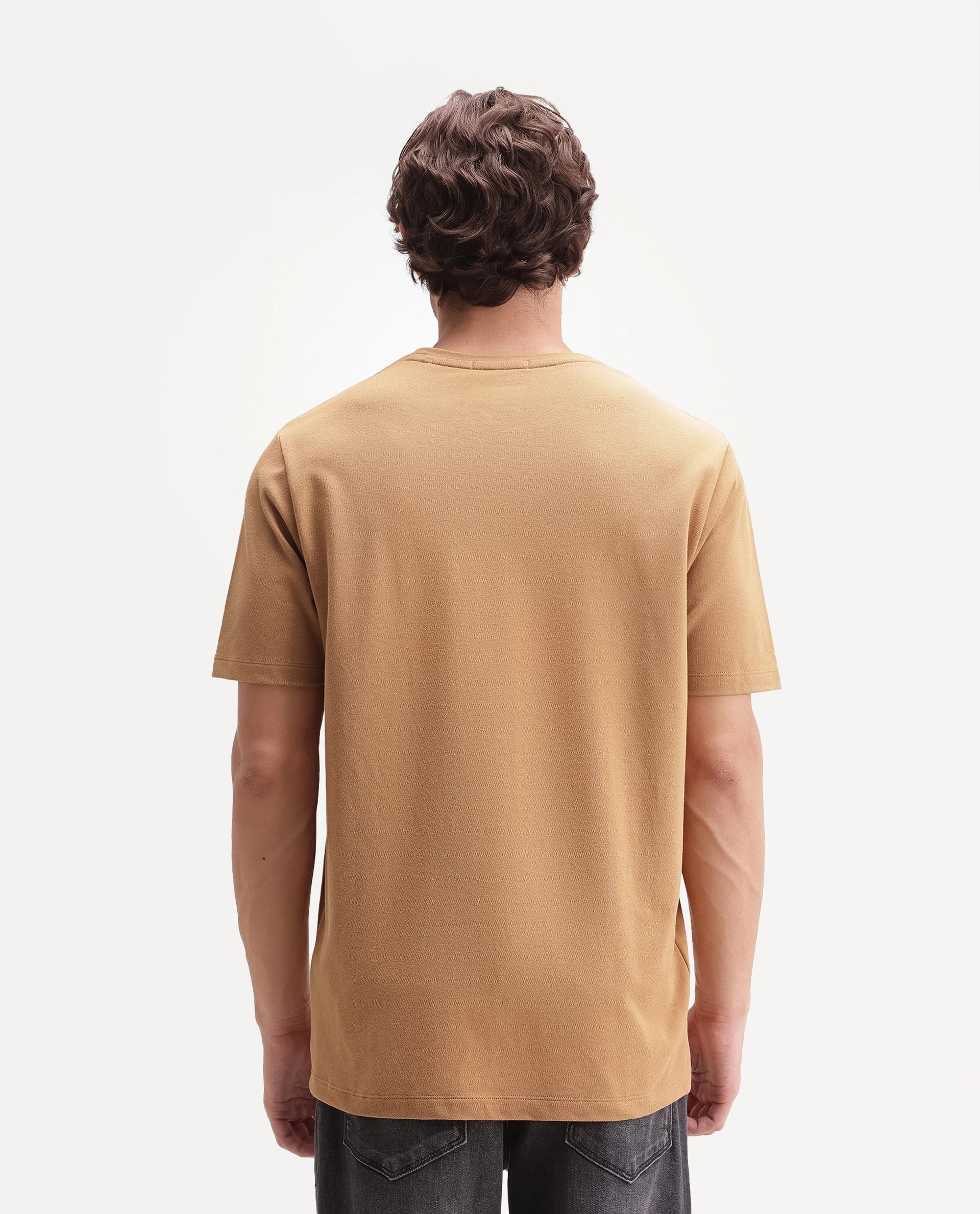 Rare Rabbit Men's Peeq Dusky Mustard Cotton Blend Crew Neck Regular Plain T-Shirt