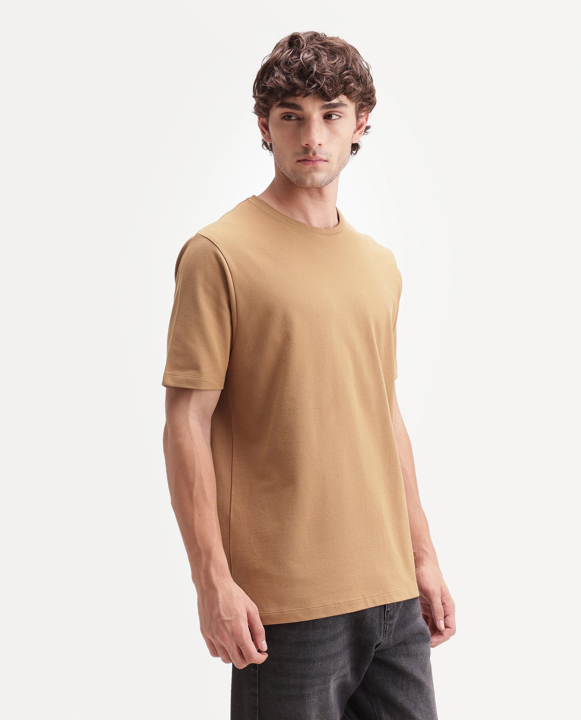 Rare Rabbit Men's Peeq Dusky Mustard Cotton Blend Crew Neck Regular Plain T-Shirt