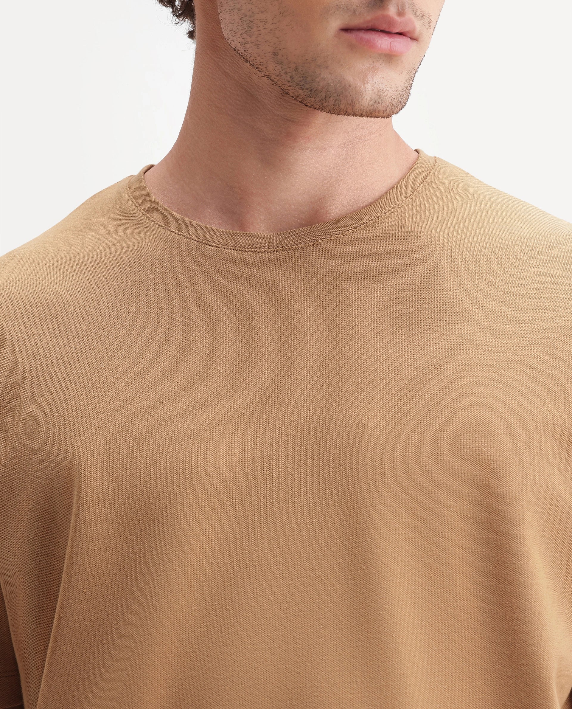 Rare Rabbit Men's Peeq Dusky Mustard Cotton Blend Crew Neck Regular Plain T-Shirt