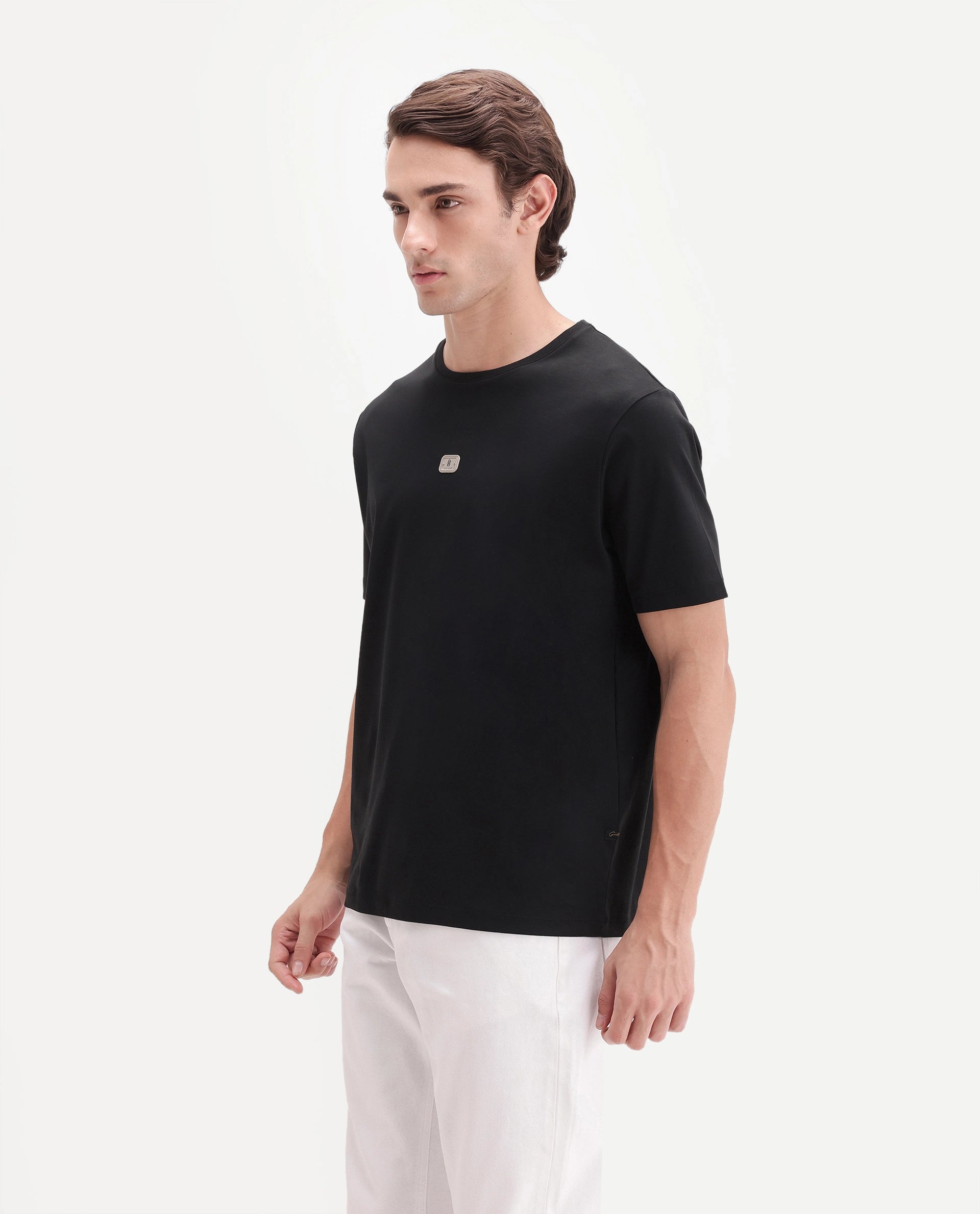 Rare Rabbit Men's Werf Primary Black Cotton Crew Neck Regular Plain T-Shirt