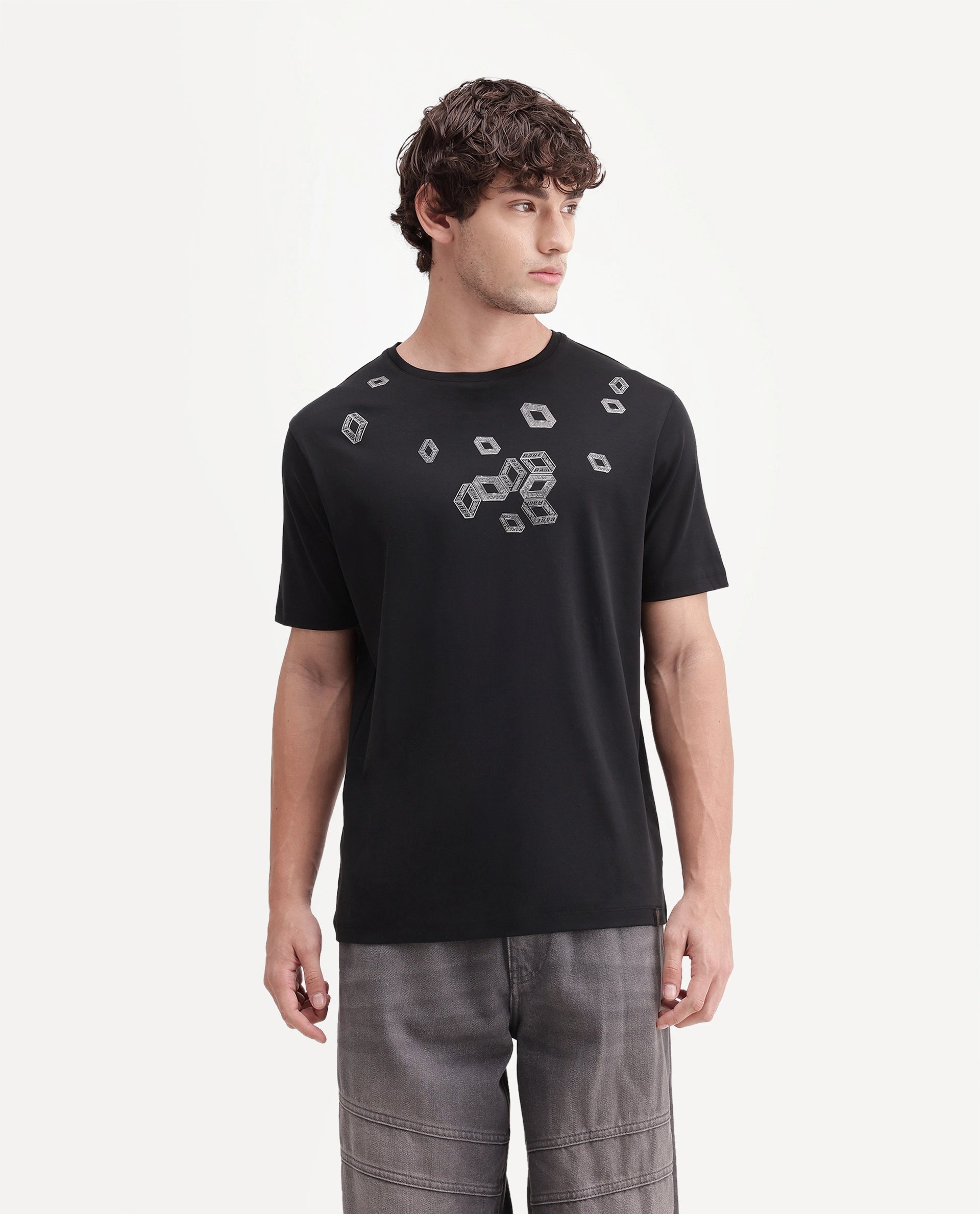 Rare Rabbit Men's Seol Primary Black Cotton Crew Neck Regular Graphic Print T-Shirt