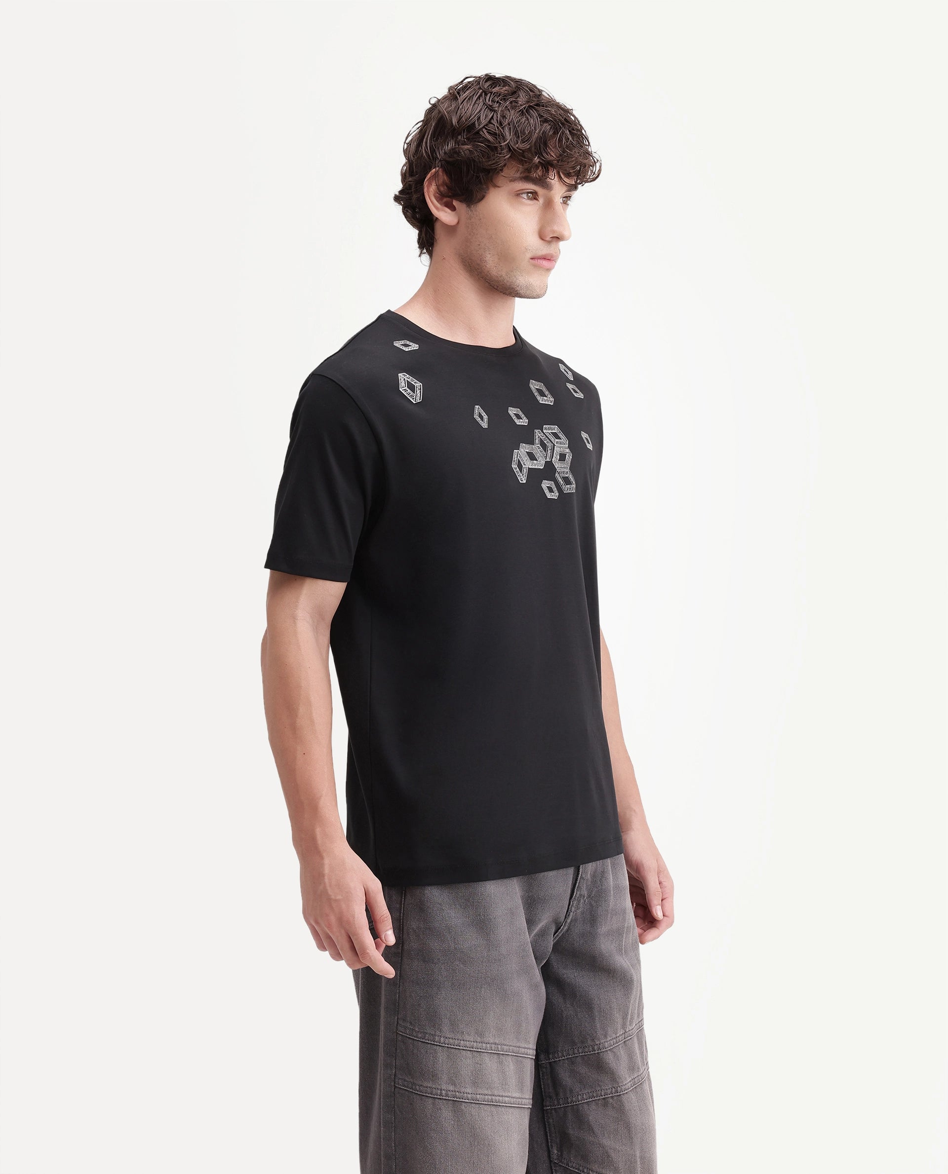 Rare Rabbit Men's Seol Primary Black Cotton Crew Neck Regular Graphic Print T-Shirt