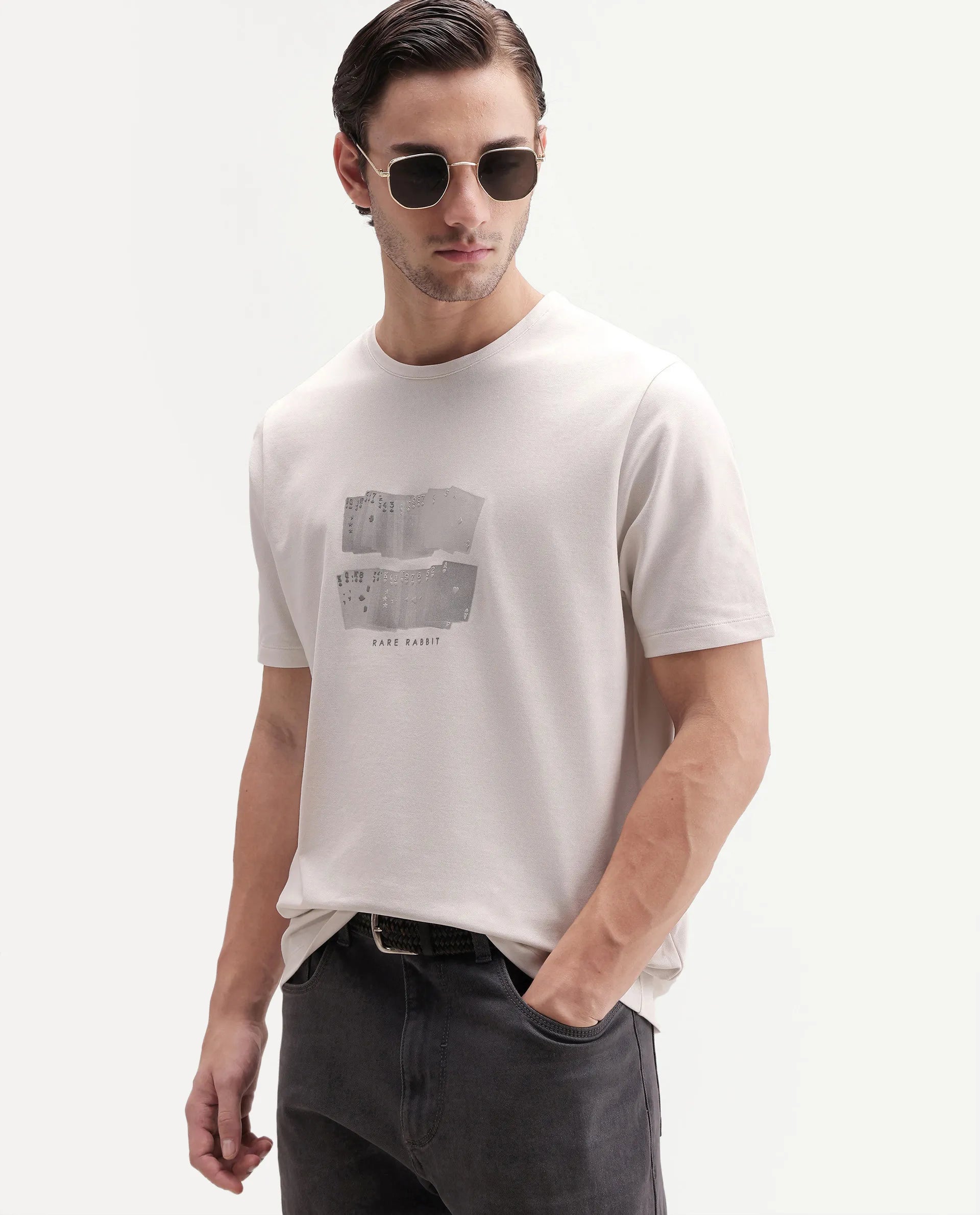 Rare Rabbit Men's Draker Primary Off White Cotton Blend Crew Neck Regular Graphic Print T-Shirt