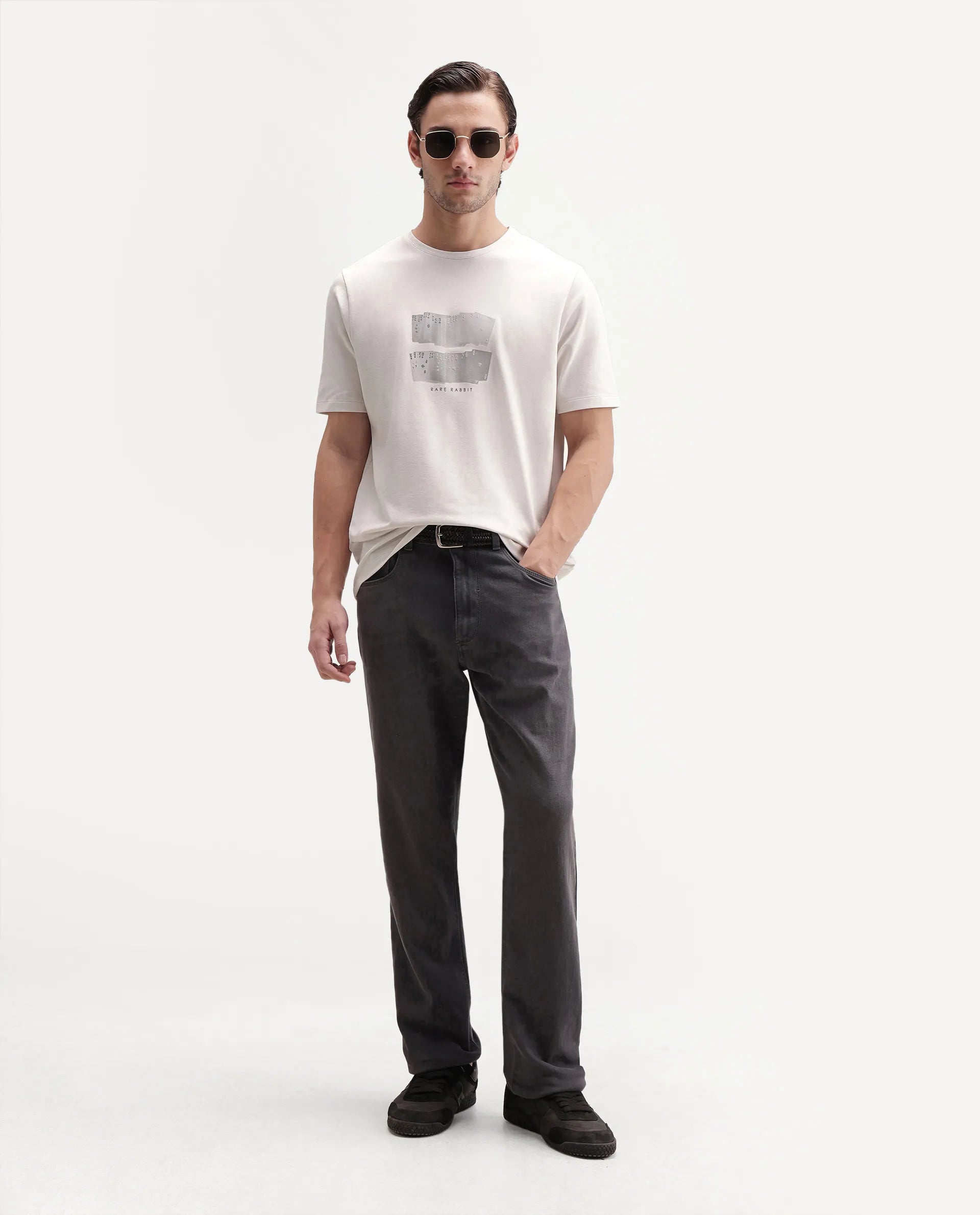 Rare Rabbit Men's Draker Primary Off White Cotton Blend Crew Neck Regular Graphic Print T-Shirt