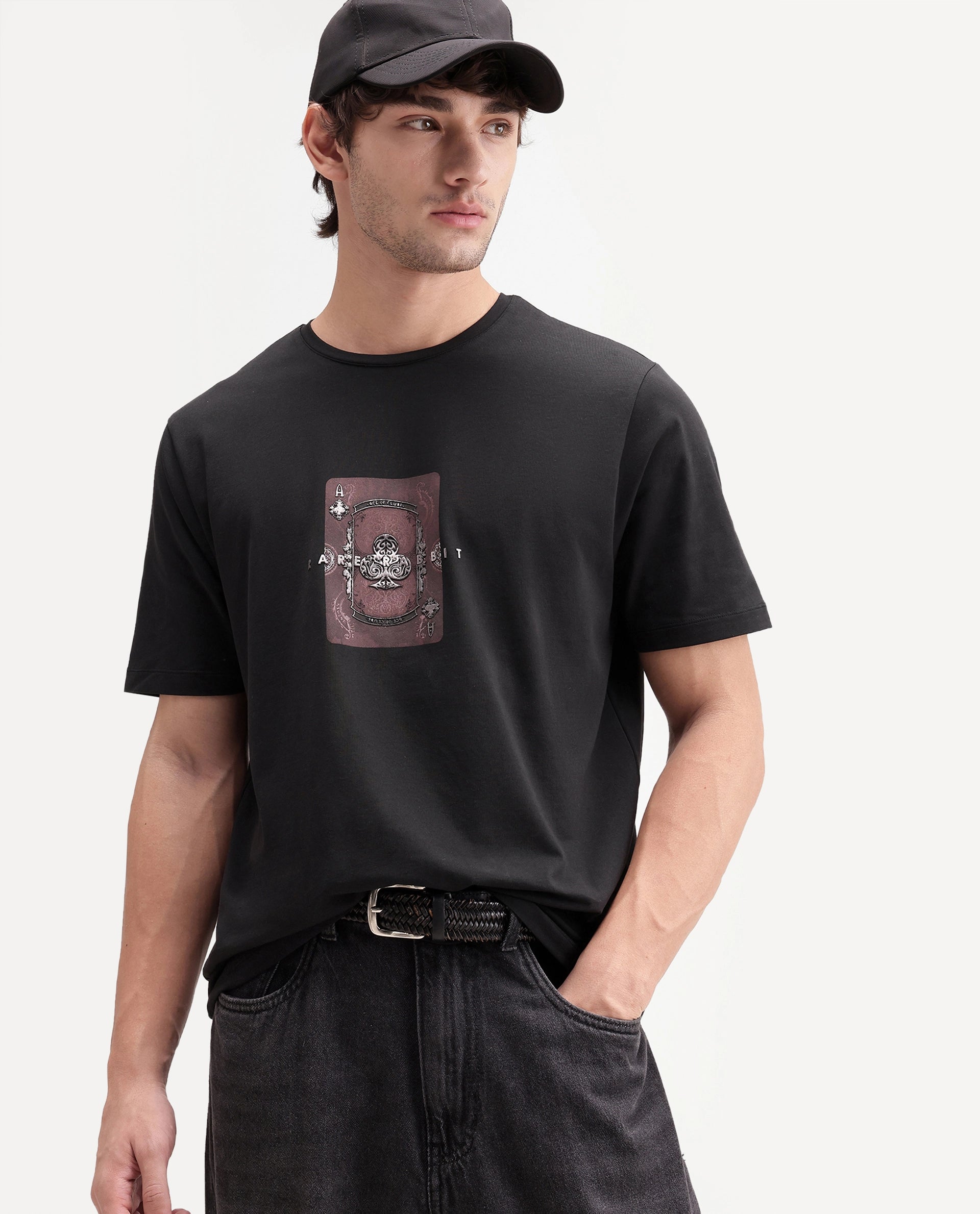 Rare Rabbit Men's Froch Black Cotton Blend Crew Neck Regular Graphic Print T-Shirt