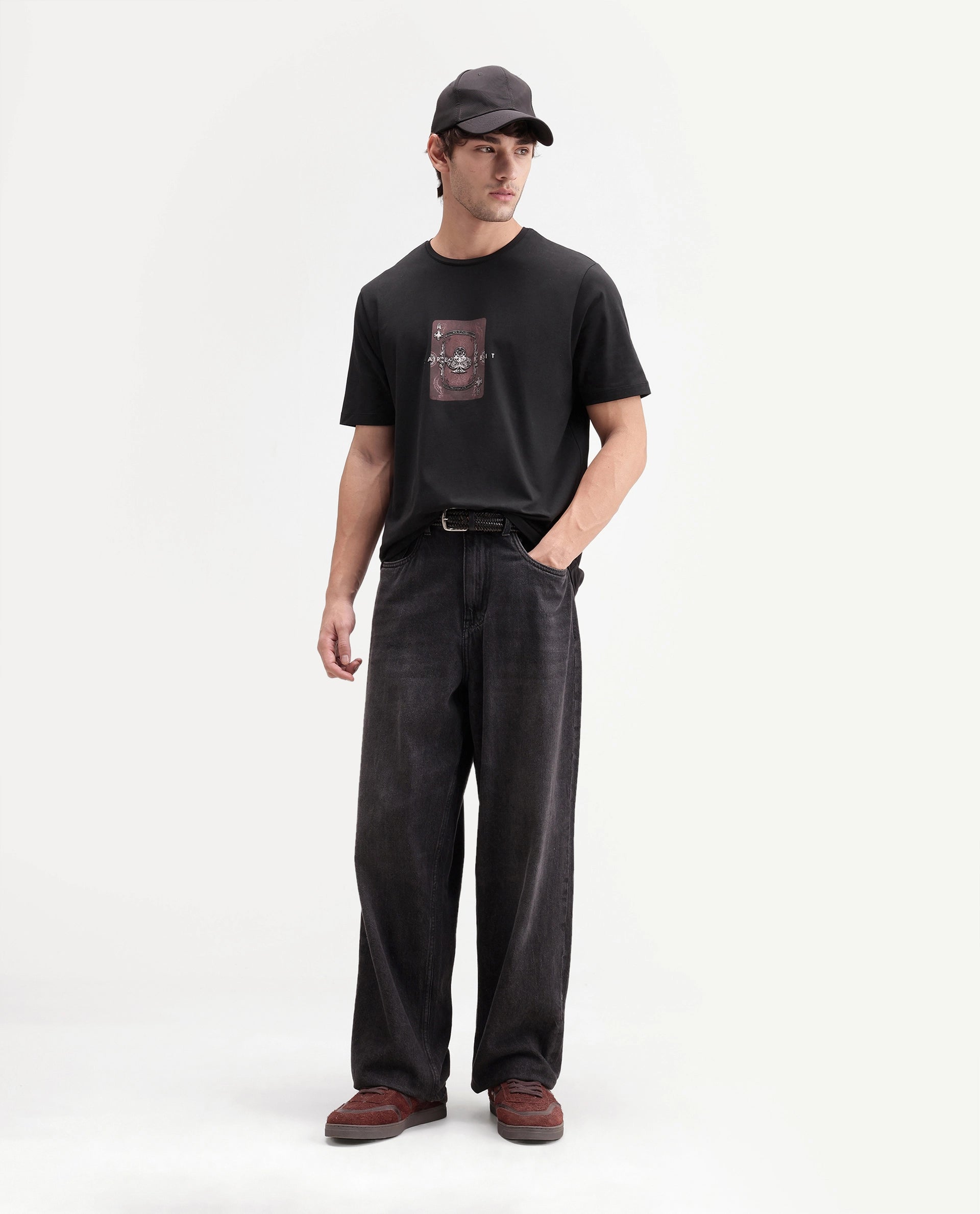 Rare Rabbit Men's Froch Black Cotton Blend Crew Neck Regular Graphic Print T-Shirt