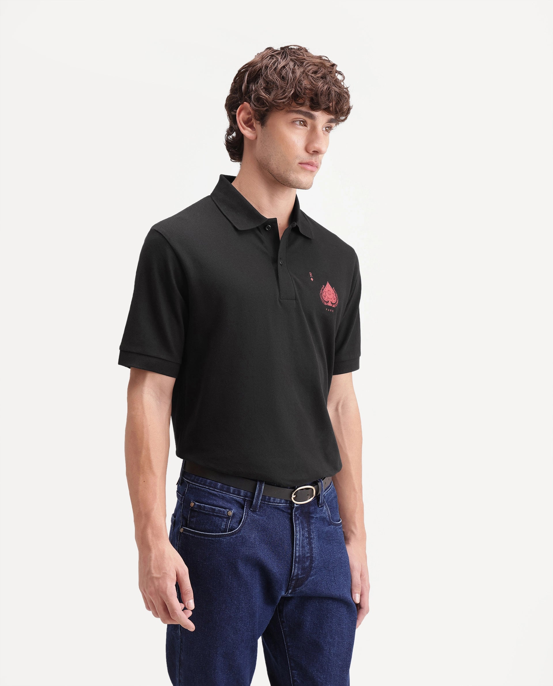 Rare Rabbit Men's Grant Primary Black Cotton Blend Spread Collar Button Regular Plain Polo