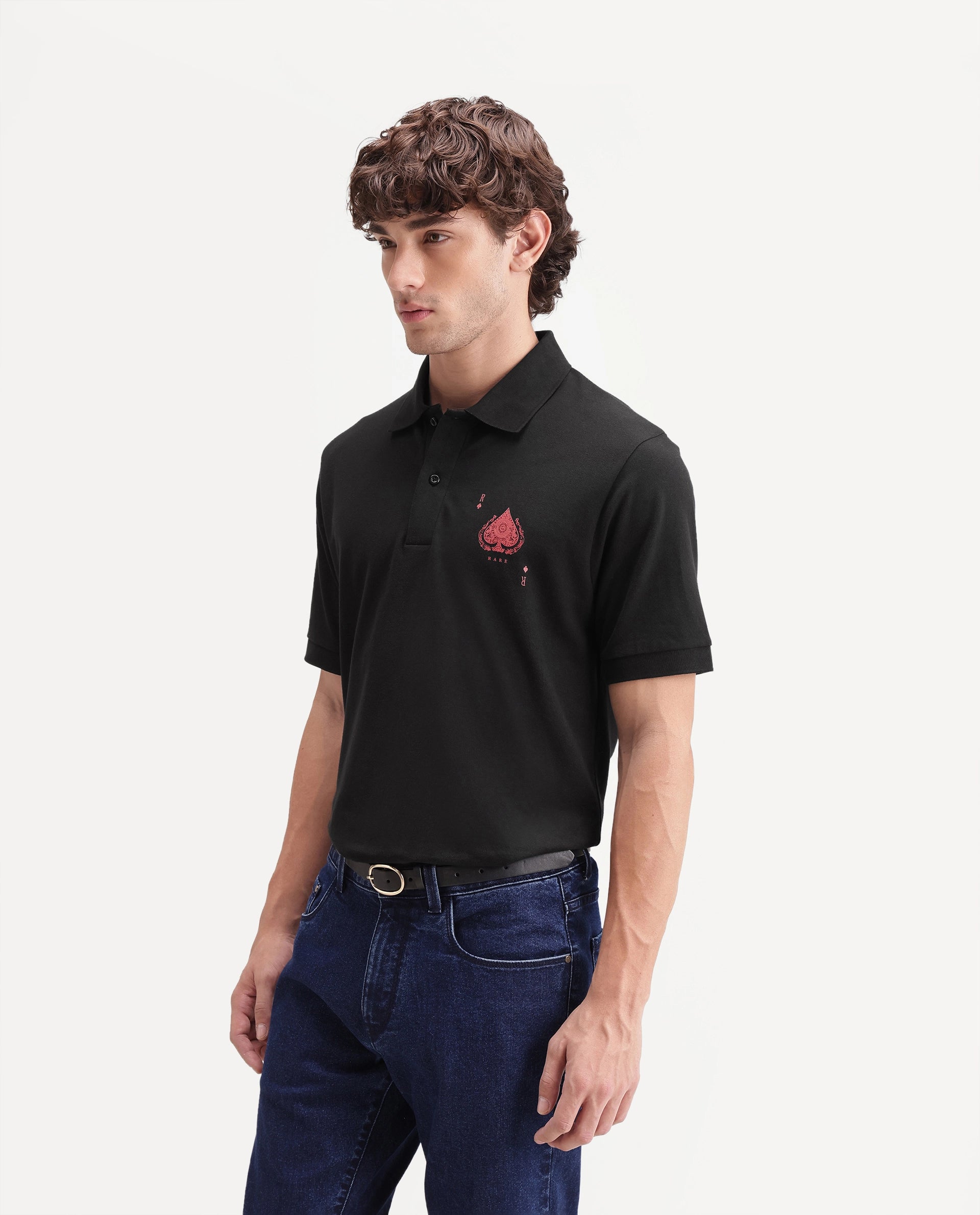 Rare Rabbit Men's Grant Primary Black Cotton Blend Spread Collar Button Regular Plain Polo