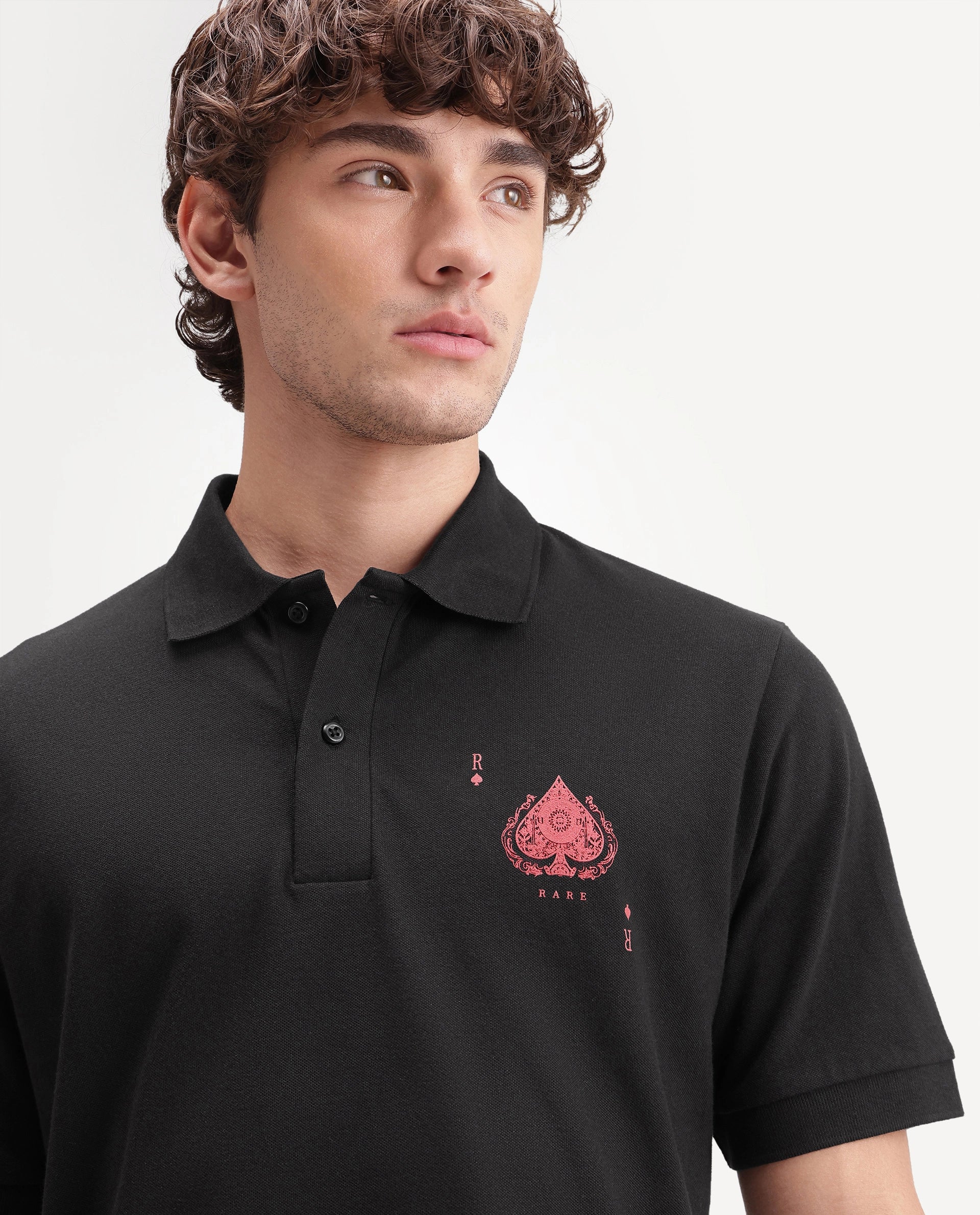 Rare Rabbit Men's Grant Primary Black Cotton Blend Spread Collar Button Regular Plain Polo