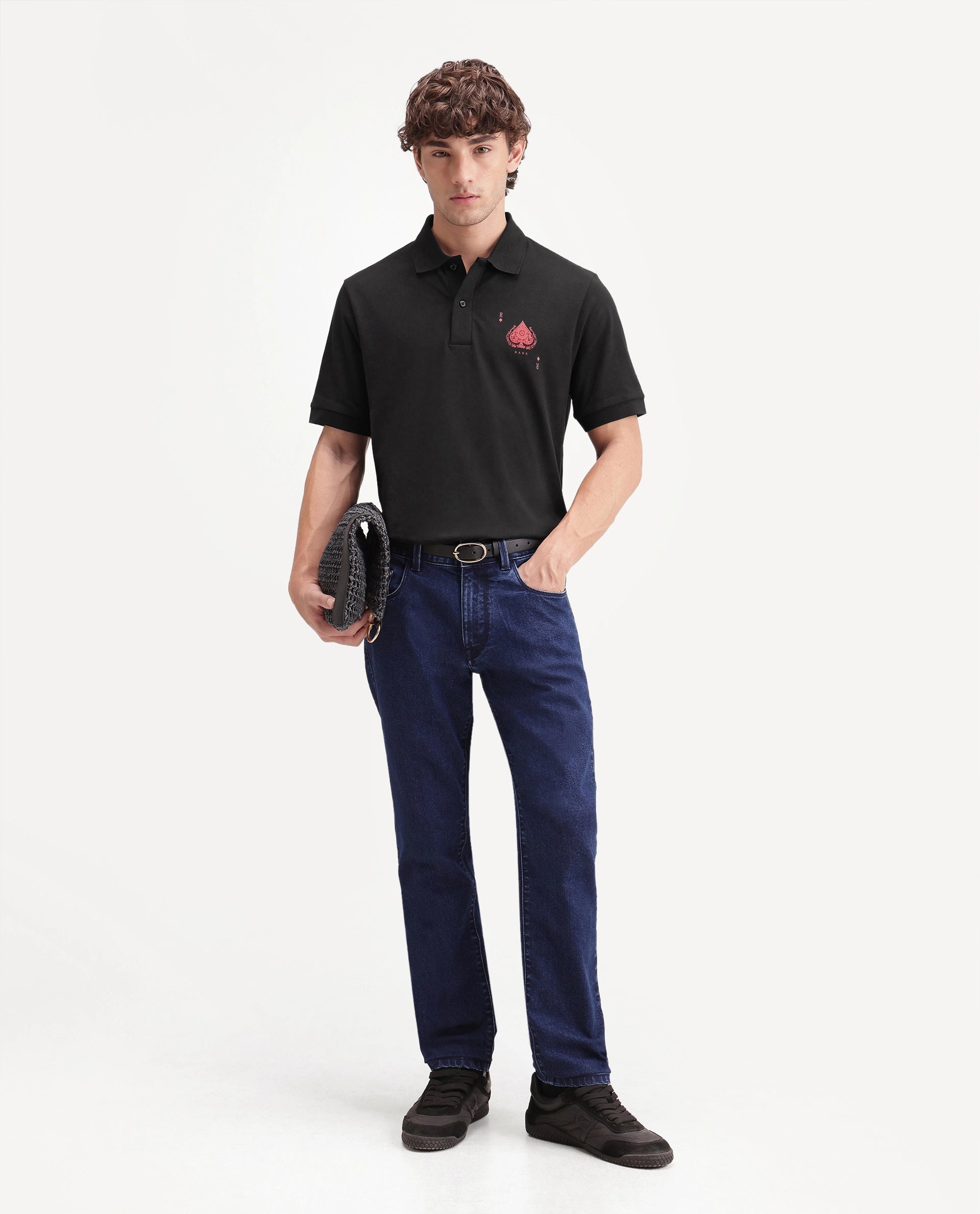 Rare Rabbit Men's Grant Primary Black Cotton Blend Spread Collar Button Regular Plain Polo