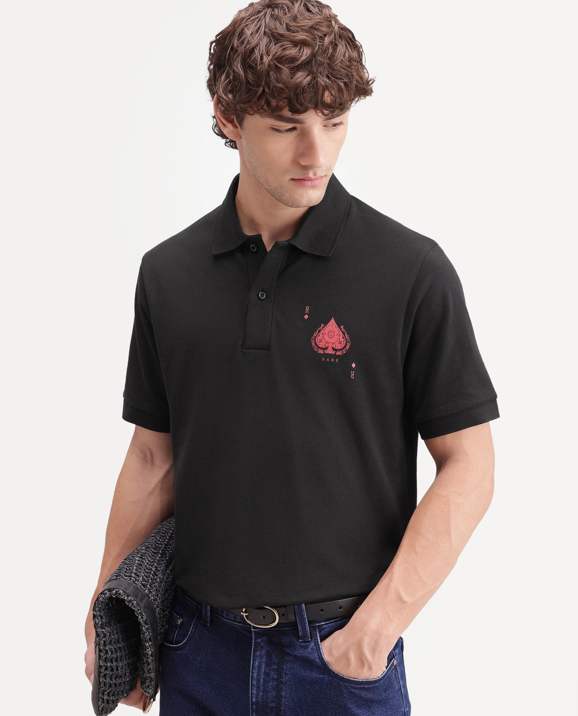 Rare Rabbit Men's Grant Primary Black Cotton Blend Spread Collar Button Regular Plain Polo