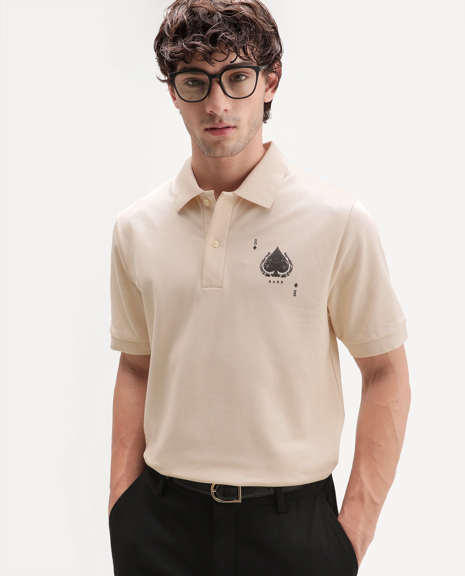 Rare Rabbit Men's Grant Light Beige Cotton Blend Spread Collar Button Regular Plain Polo