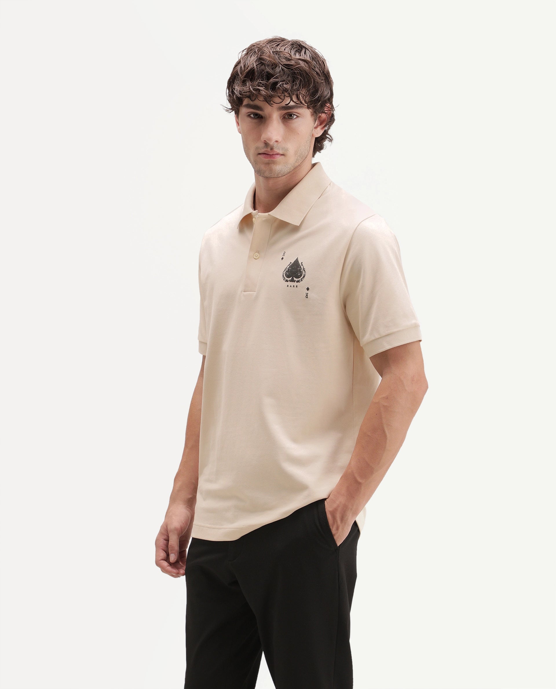 Rare Rabbit Men's Grant Light Beige Cotton Blend Spread Collar Button Regular Plain Polo