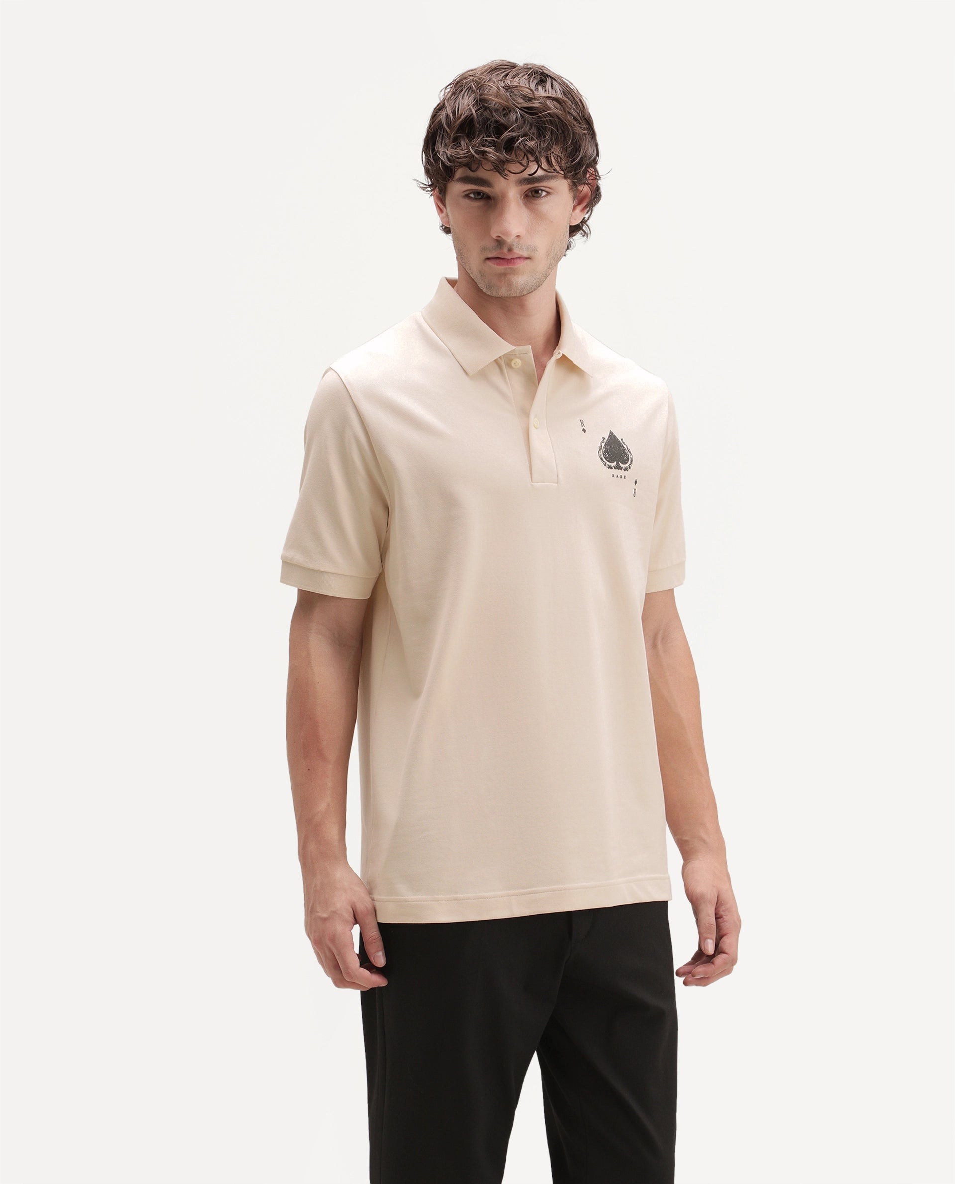 Rare Rabbit Men's Grant Light Beige Cotton Blend Spread Collar Button Regular Plain Polo