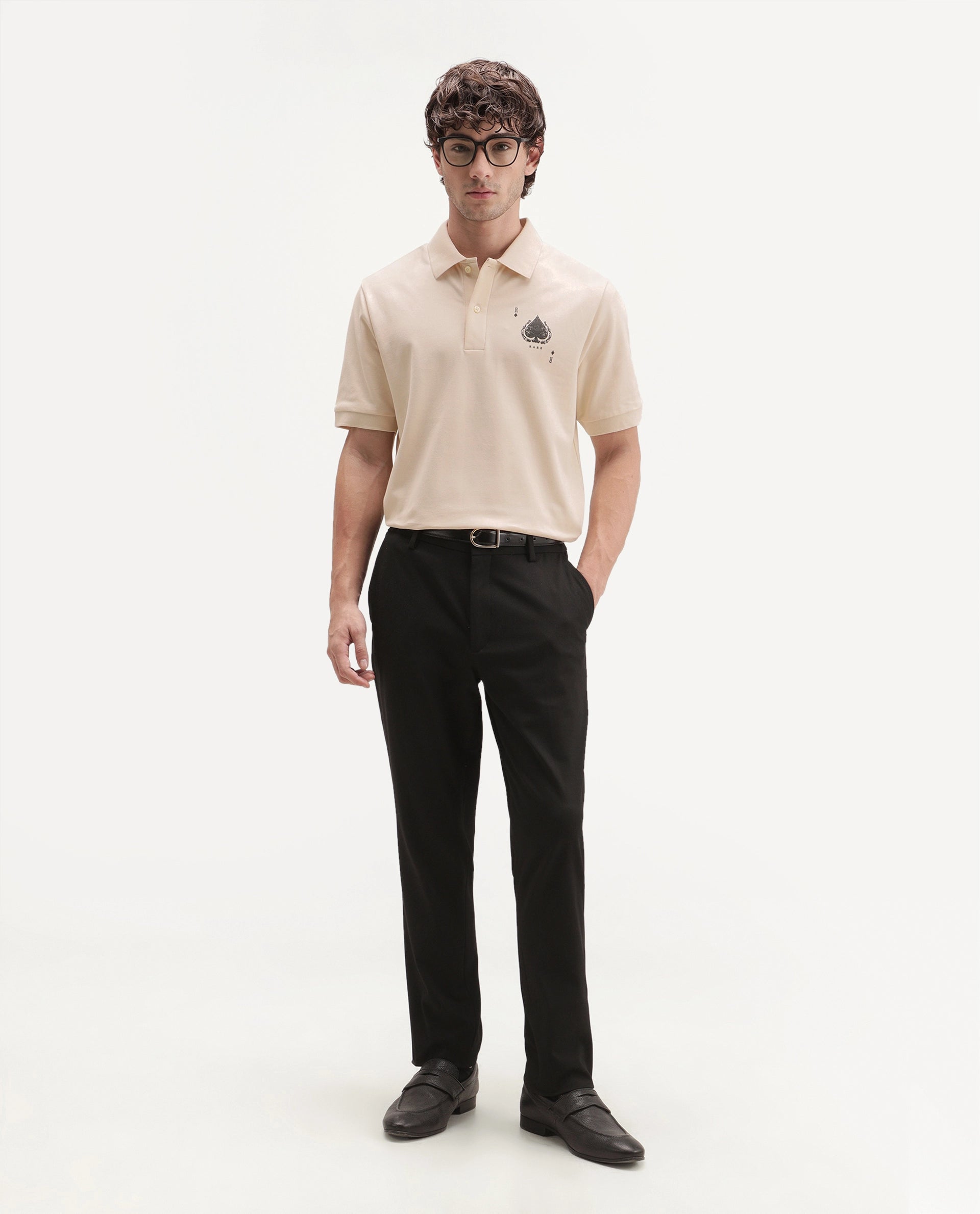 Rare Rabbit Men's Grant Light Beige Cotton Blend Spread Collar Button Regular Plain Polo