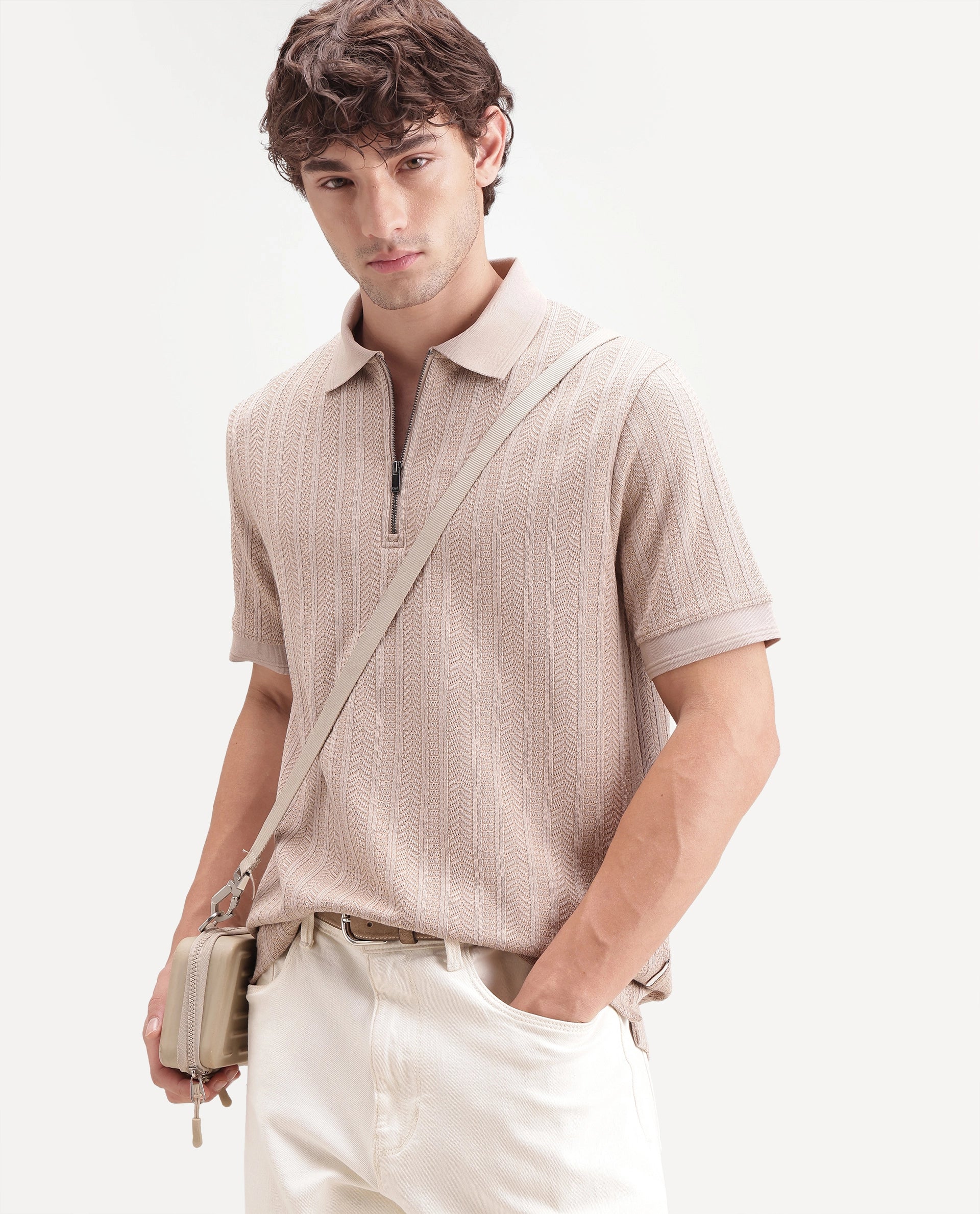 Rare Rabbit Men's Doom Dusky Beige Polyester Blend Spread Collar Zipper Regular Jacquard Polo