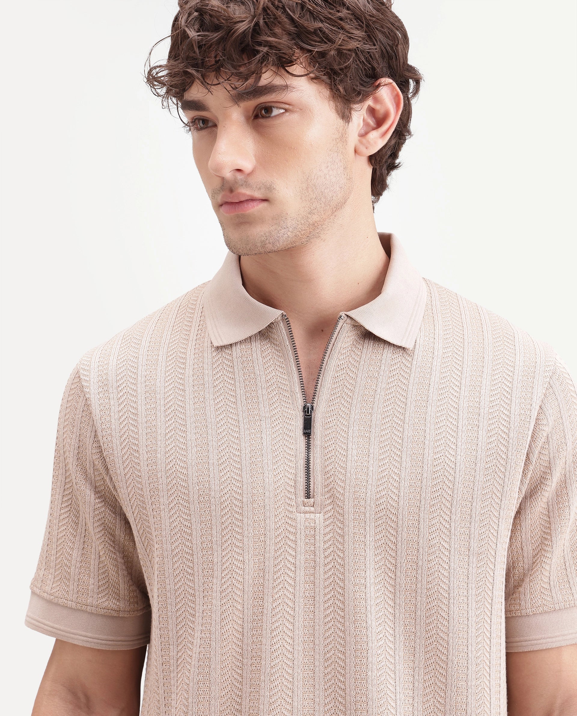 Rare Rabbit Men's Doom Dusky Beige Polyester Blend Spread Collar Zipper Regular Jacquard Polo
