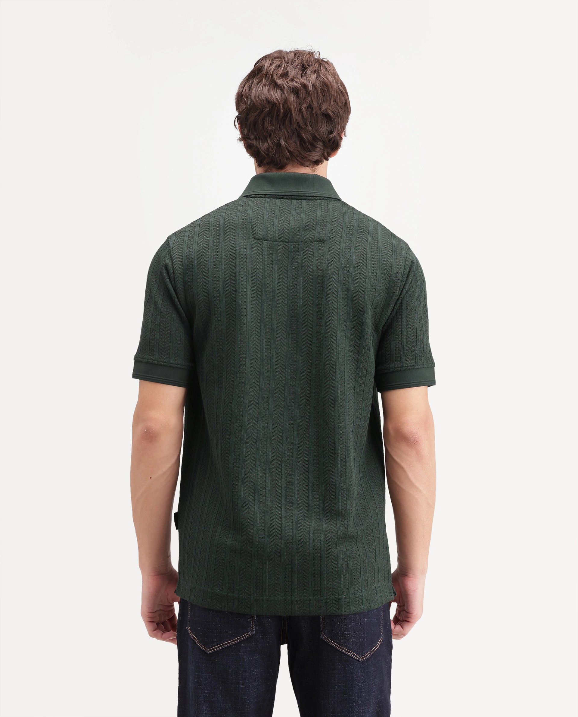 Rare Rabbit Men's Doom Dark Green Polyester Blend Spread Collar Zipper Regular Jacquard Polo