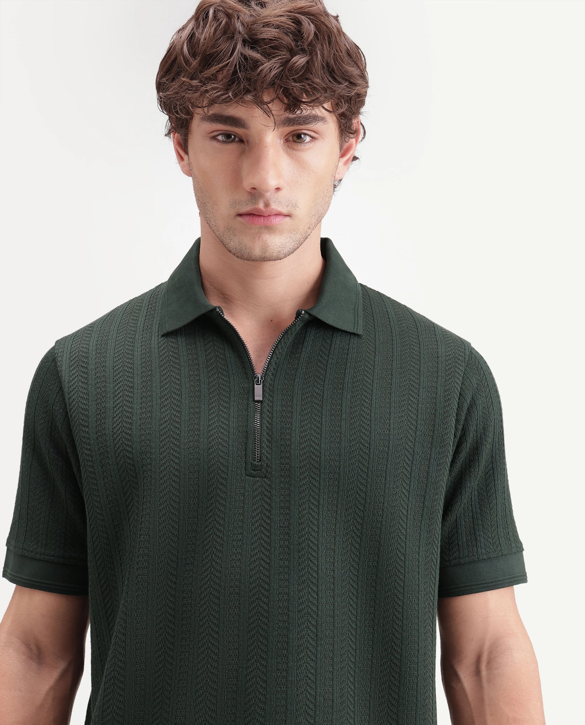 Rare Rabbit Men's Doom Dark Green Polyester Blend Spread Collar Zipper Regular Jacquard Polo