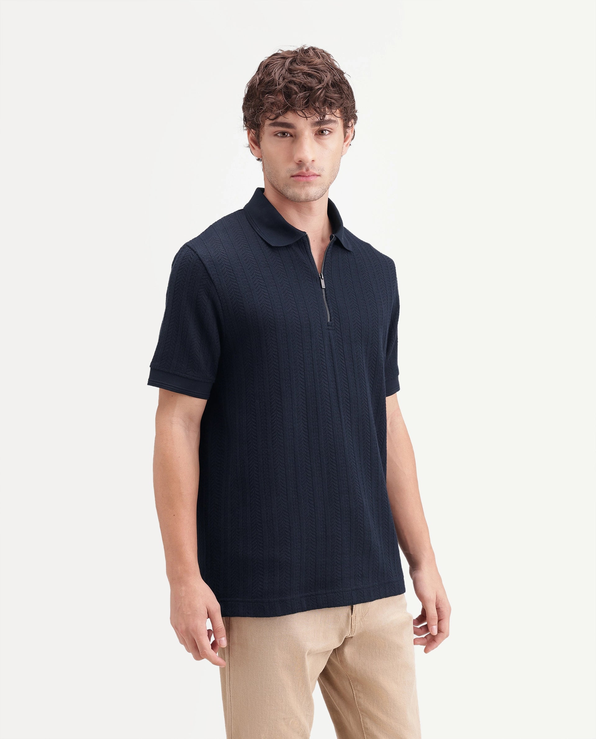 Rare Rabbit Men's Doom Primary Navy Polyester Blend Spread Collar Zipper Regular Jacquard Polo