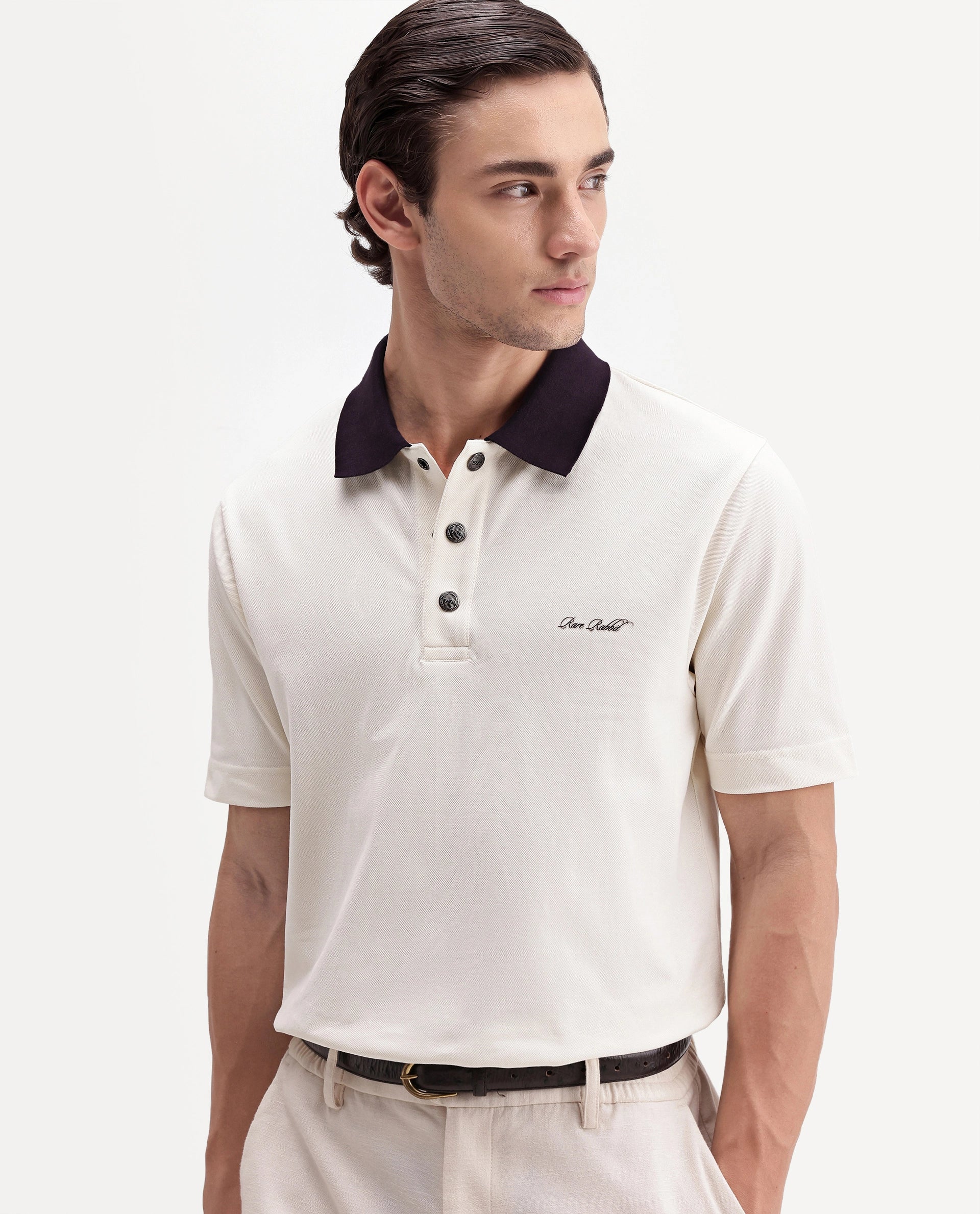 Rare Rabbit Men's Nolan Primary Off-White Cotton Blend Spread Collar Button Regular Plain Polo
