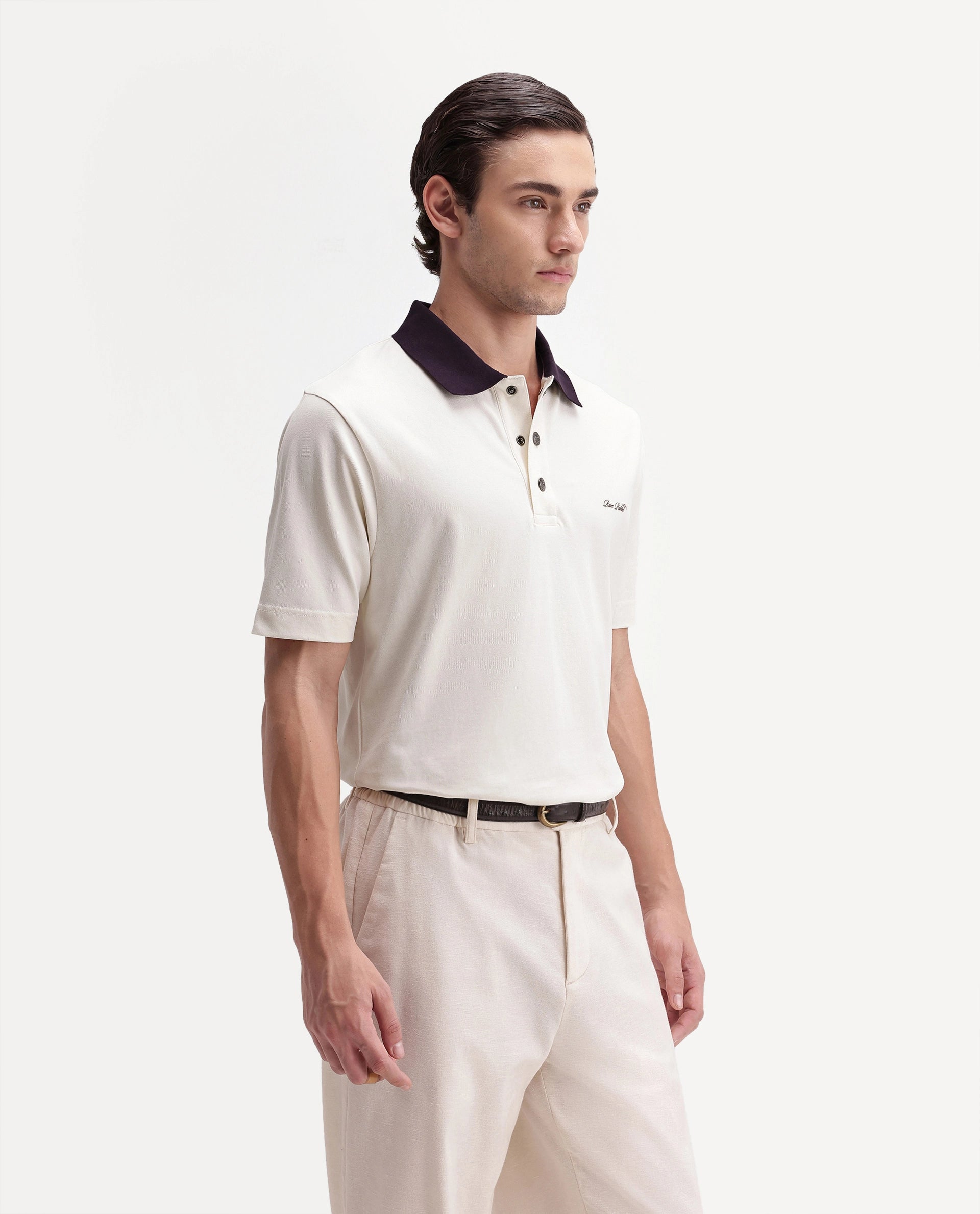 Rare Rabbit Men's Nolan Primary Off-White Cotton Blend Spread Collar Button Regular Plain Polo
